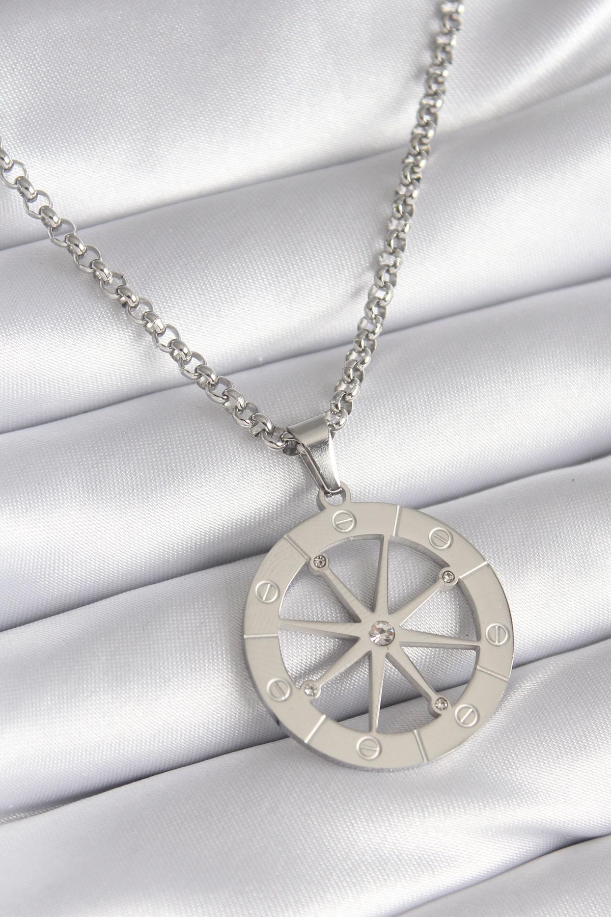 Çelik Gümüş Renk Zirkon Taşlı Rüya Kapanı Model İşeme Detay Kadın Kolye