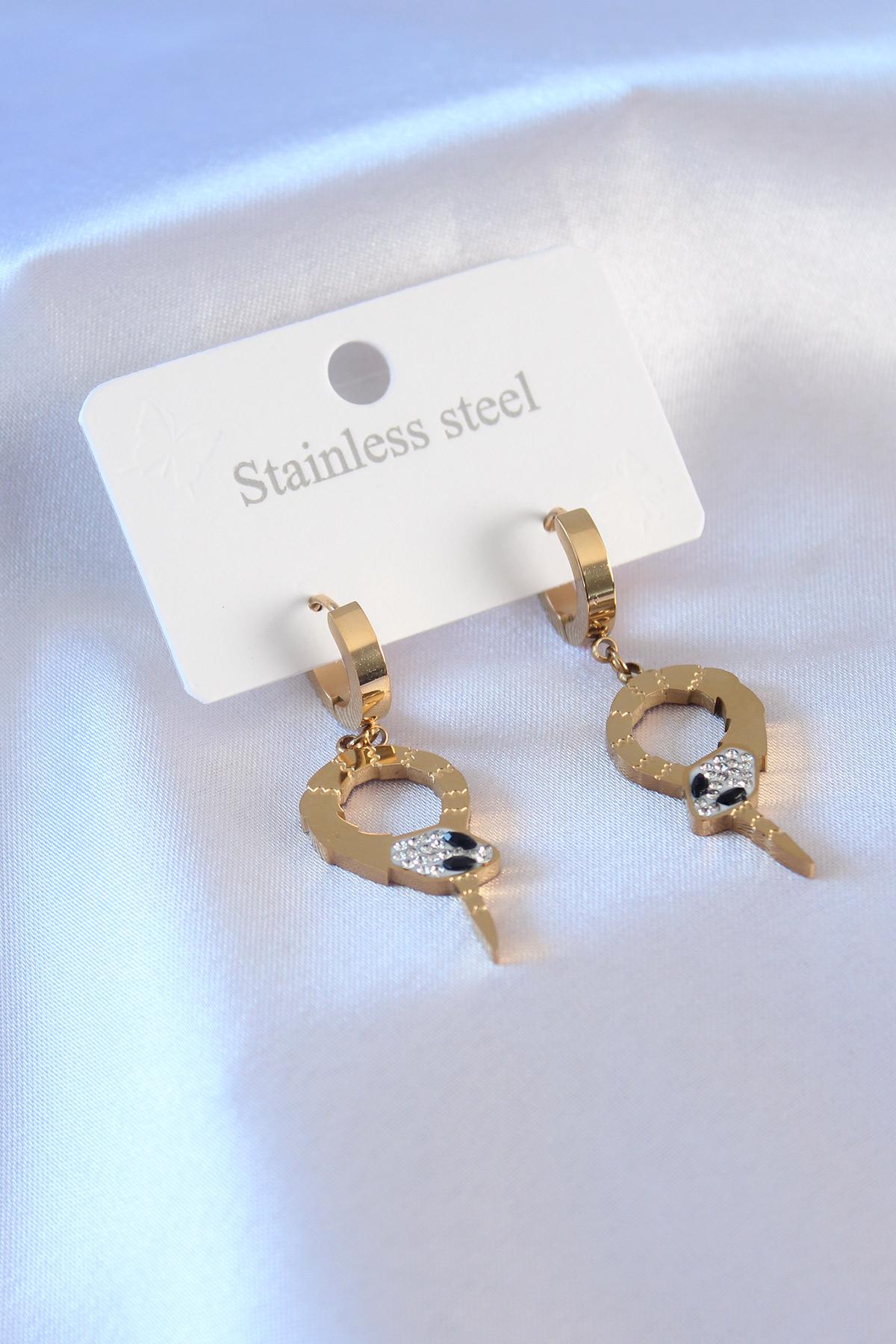 Çelik Gold Renk Yılan Model Zirkon Taşlı Kadın Küpe
