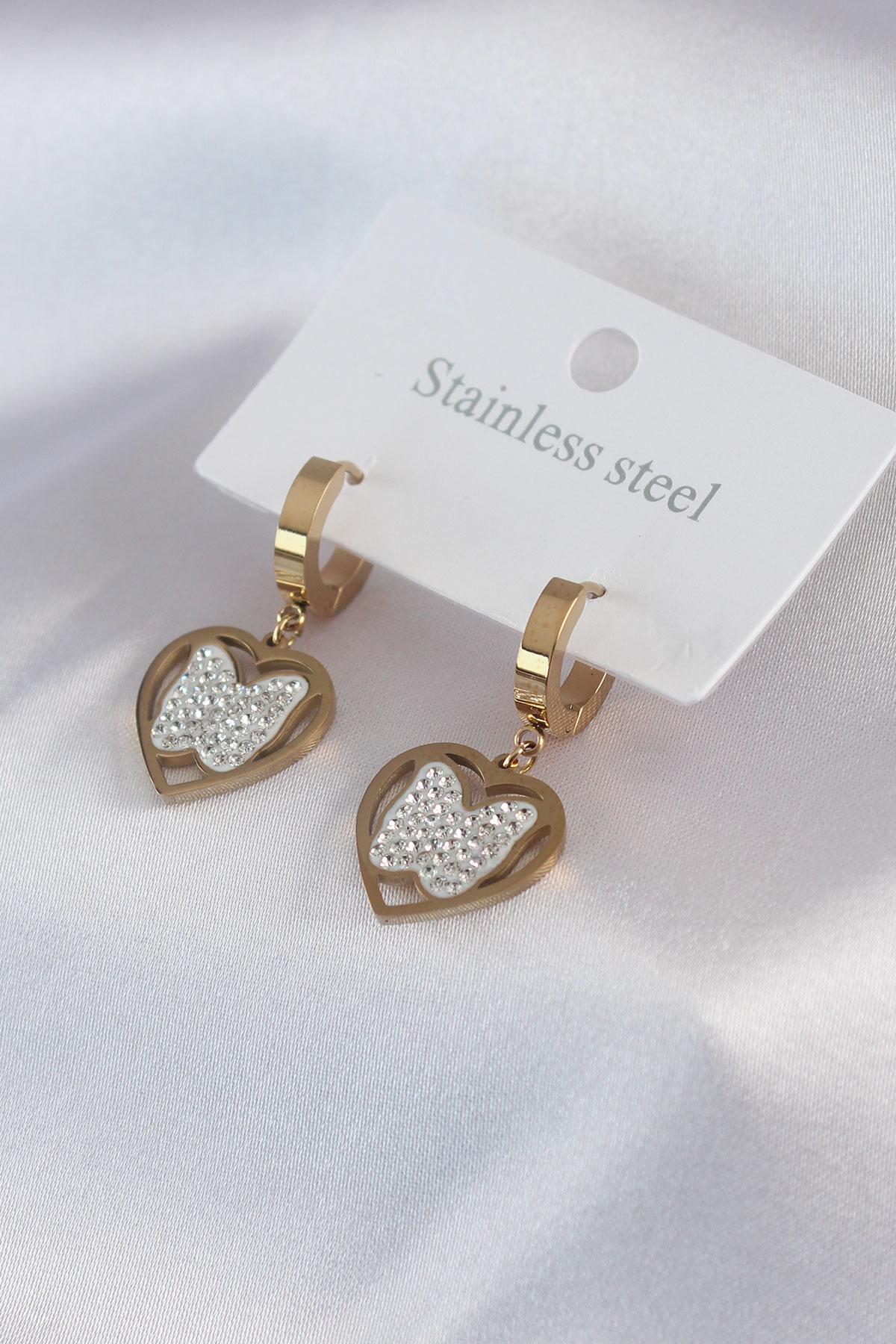 Çelik Gold Renk Kelebek Model Zirkon Taş Detay Kadın Küpe