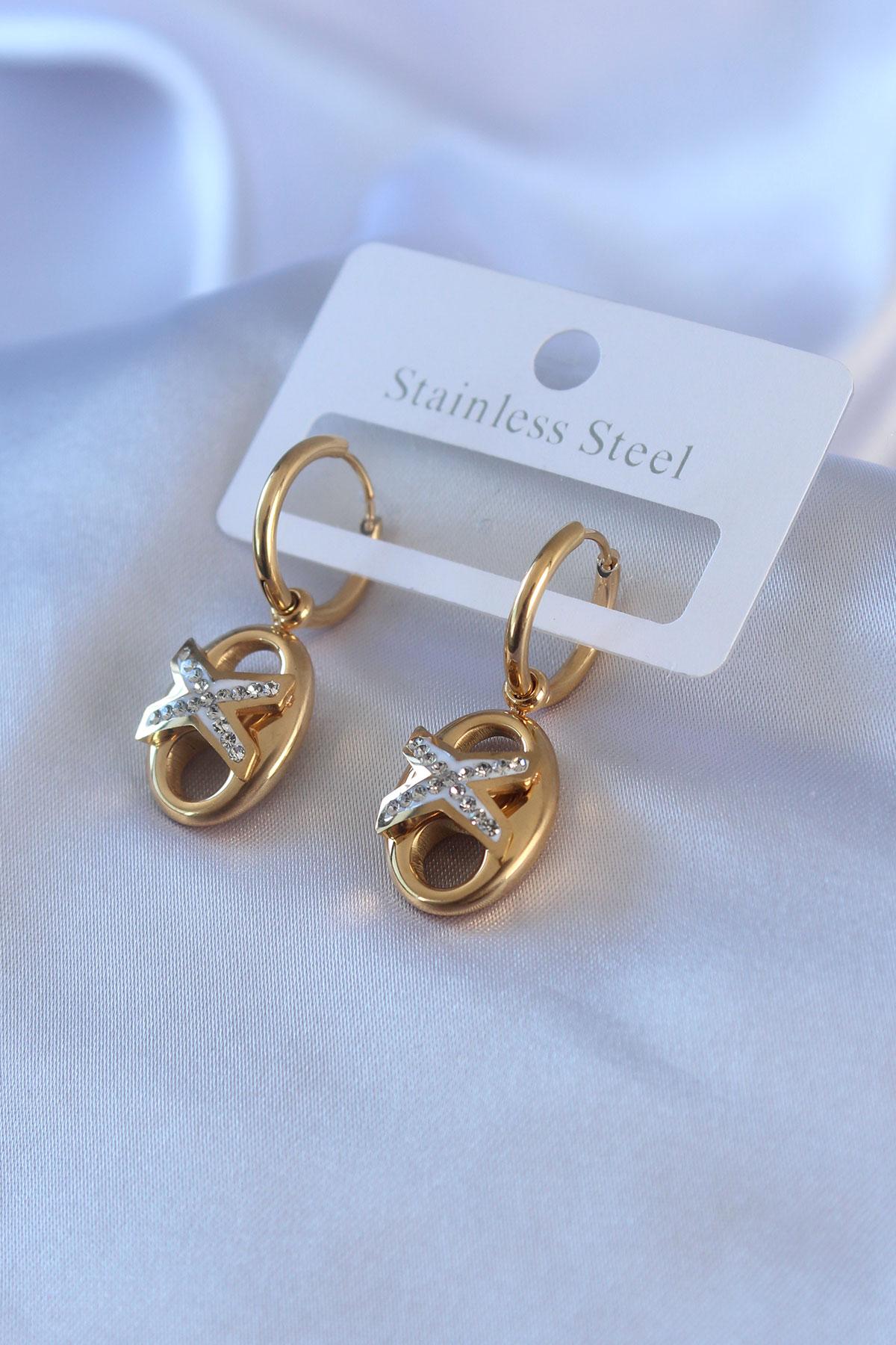 Çelik Gold Renk Zirkon Taş Detay Kadın Küpe