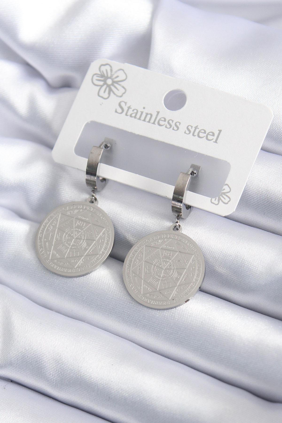 Çelik Gümüş Renk Pentagram İşleme Model Kadın Küpe