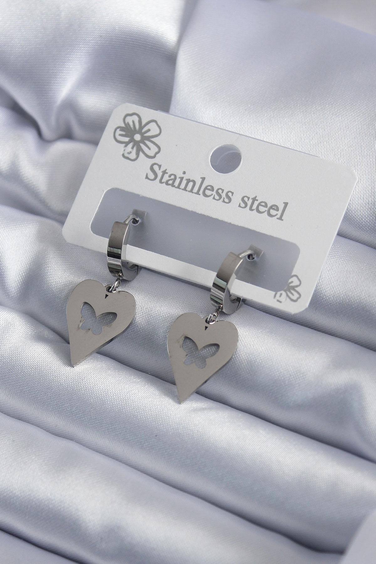 Çelik Gümüş Renk Kalp Model Kelebek İşleme Kadın Küpe