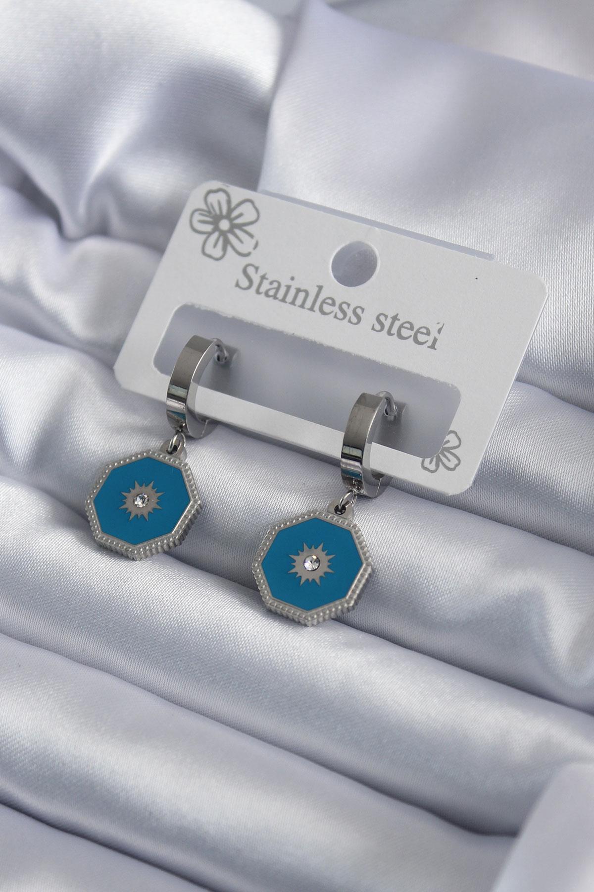 Çelik Gümüş Renk Geometrik Model Zirkon Taş Detay Kadın Küpe