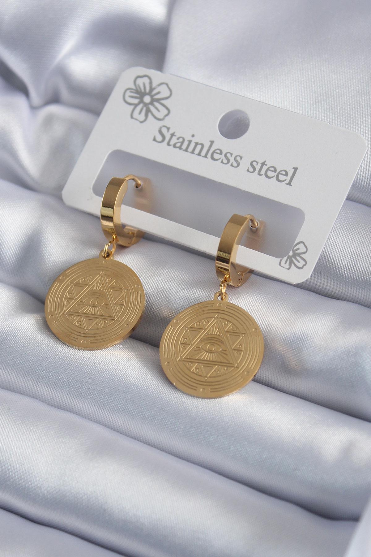 Çelik Gold Renk Pentagram İşleme Model Kadın Küpe