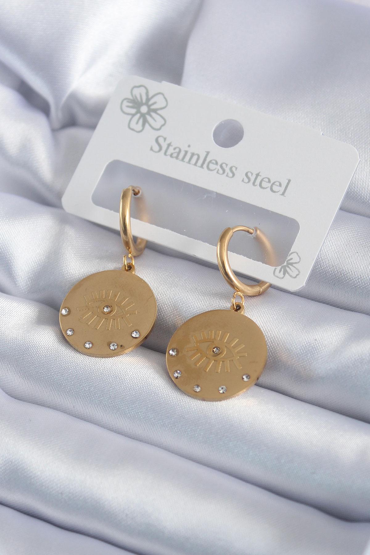 Çelik Gold Renk Zirkon Taşlı Göz İşleme Model Kadın Küpe