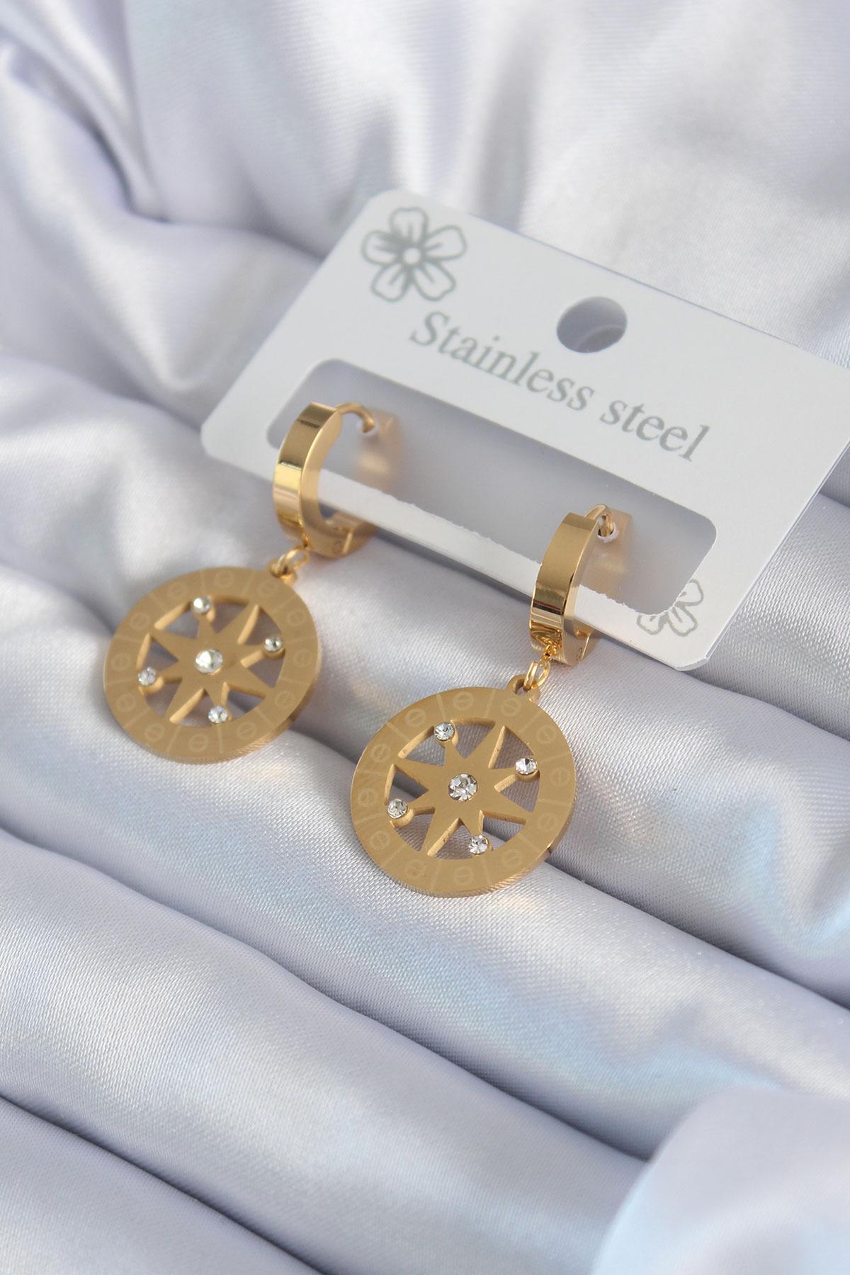 Çelik Gold Renk Kutup Yıldızı Model İşleme Detay Zirkon Taşlı Kadın Küpe