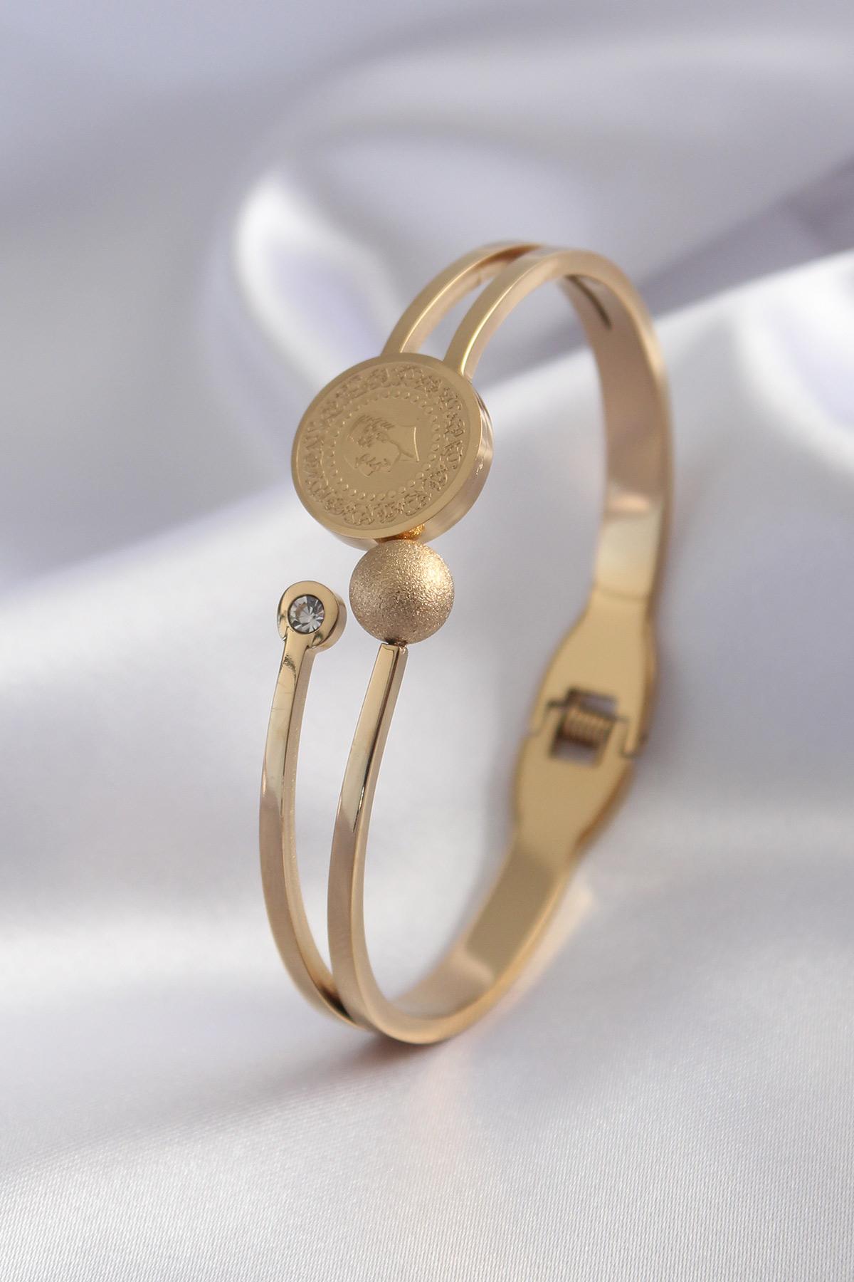 Çelik Gold Renk Çeyrek Altın Zirkon Taş Detay Kadın Kelepçe