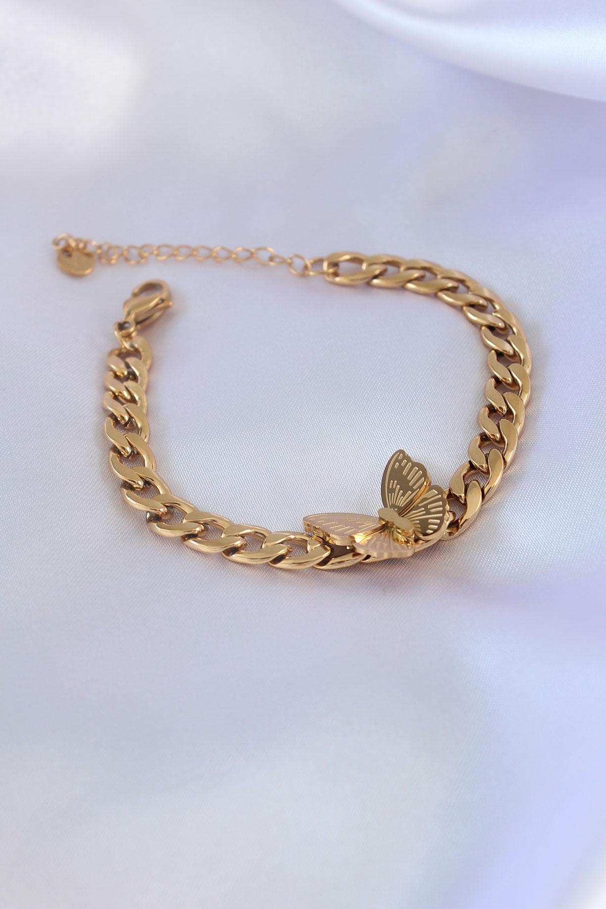 Çelik Gold Renk Kelebek Figür İşleme Detay Zincir Model Kadın Bileklik