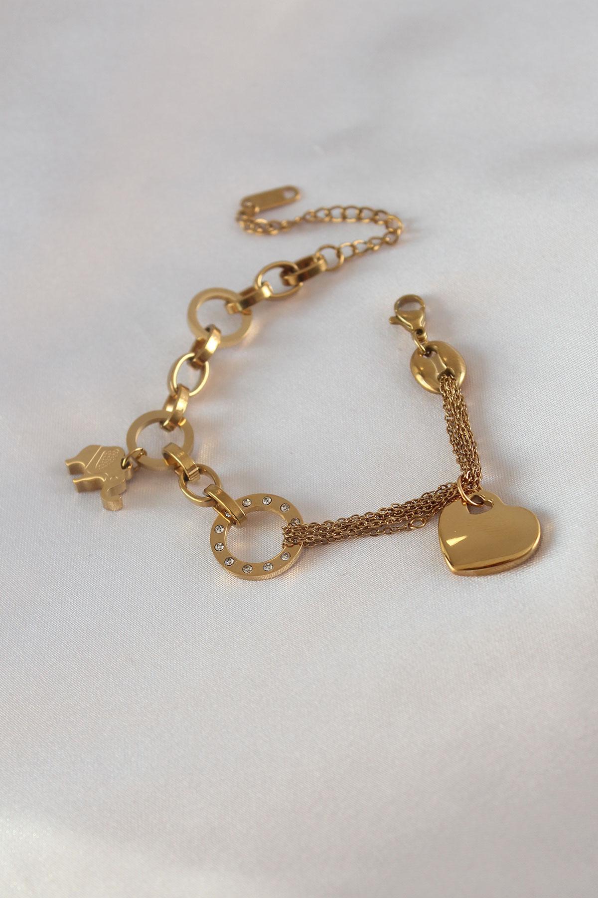 Çelik Gold Renk 2li Zincir Model Zirkon Taş Detay Kadın Bileklik