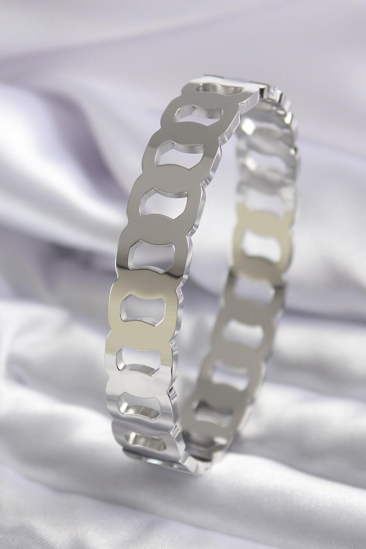 Çelik Gümüş Renk Geçme Halka Model Kadın Kelepçe