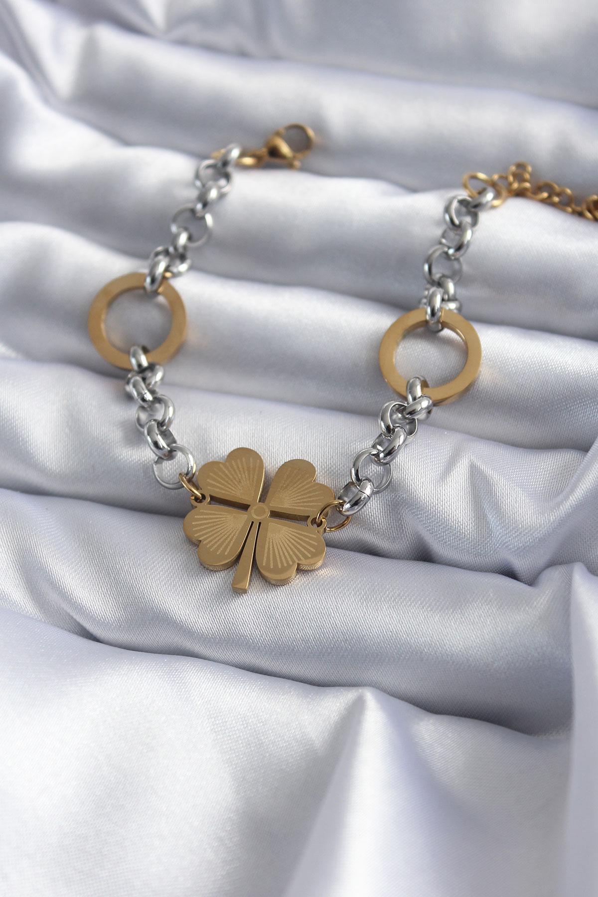 Çelik Mix Renk Zincir Model Yonca Figür Kadın Bileklik