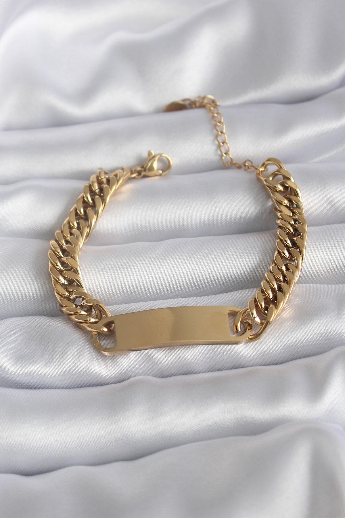 Çelik Gold Renk İsim Yazılabilir Plaka Model Kadın Bileklik