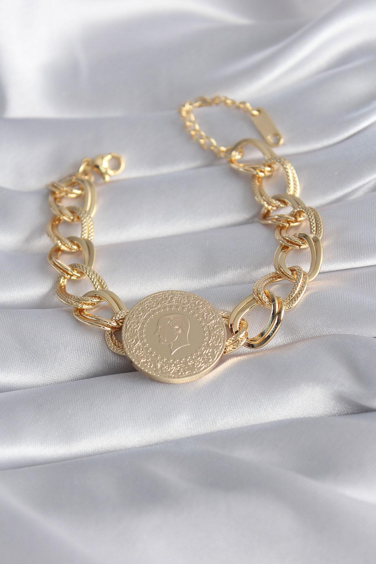 Çelik Gold Renk Tam Altın Model Samanyolu Kadın Bileklik