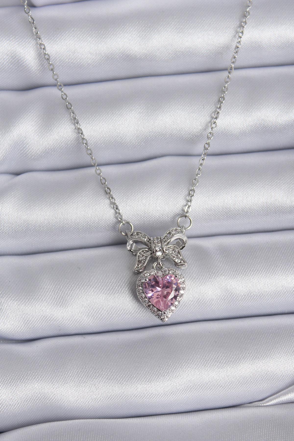 Çelik Gümüş Renk Zincir Pembe Kristal Kalp Zirkon Taşlı Kurdele Model Kadın Kolye