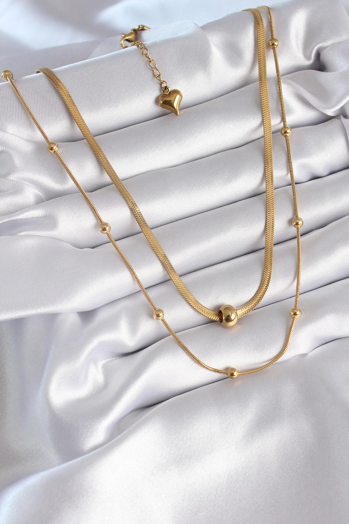 Çelik Gold Renk İtalyan Zincir Model Topçuk Detay Kadın Kolye