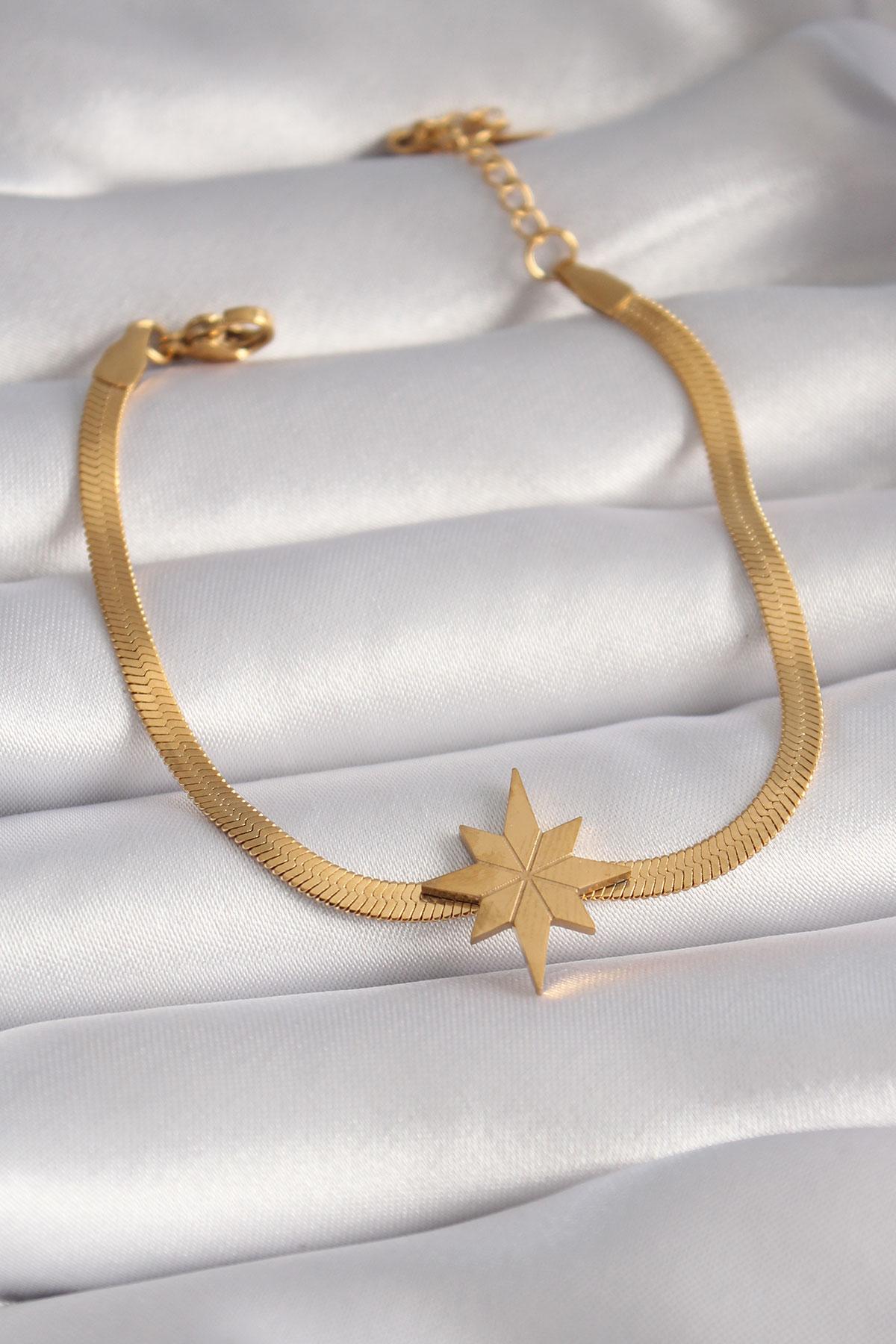 Çelik Gold Renk İtalyan Zincir Model Kutup Yıldızı Figür Kadın Bileklik