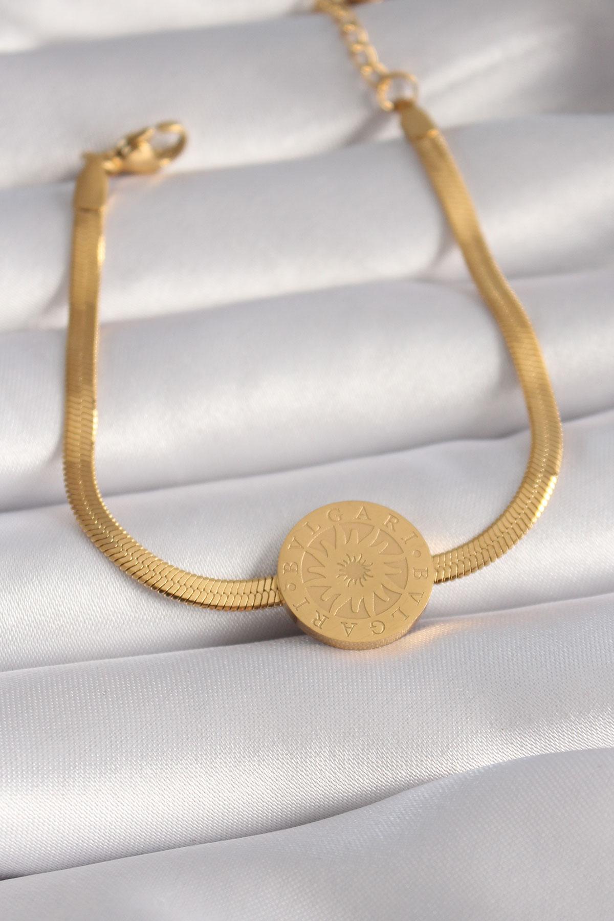 Çelik Gold Renk İtalyan Zincir Model İşlemeli Madalyon Figür Kadın Bileklik