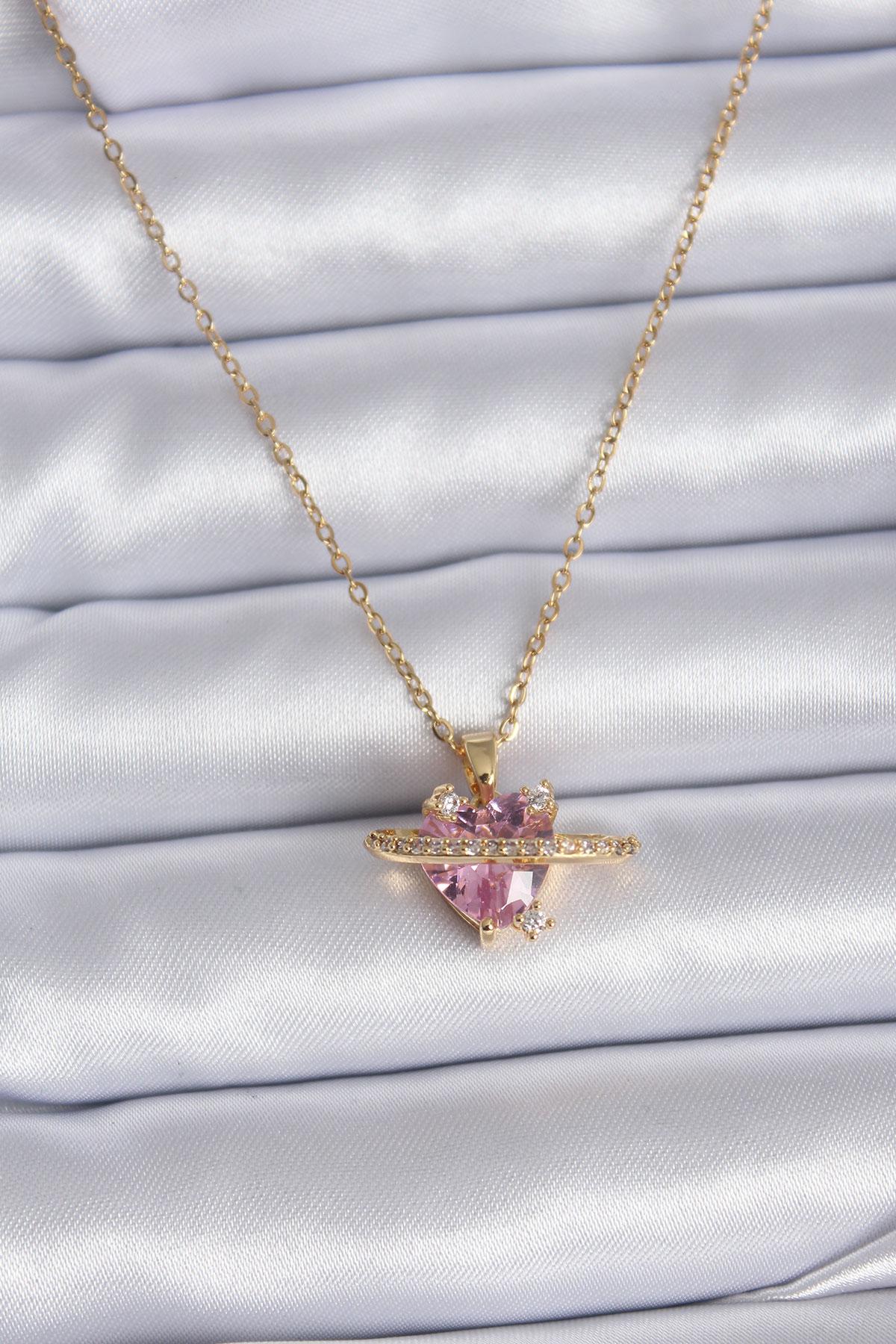 Çelik Gold Renk Zincir Pembe Kristal Kalp Model Zirkon Taş Detay Kadın Kolye
