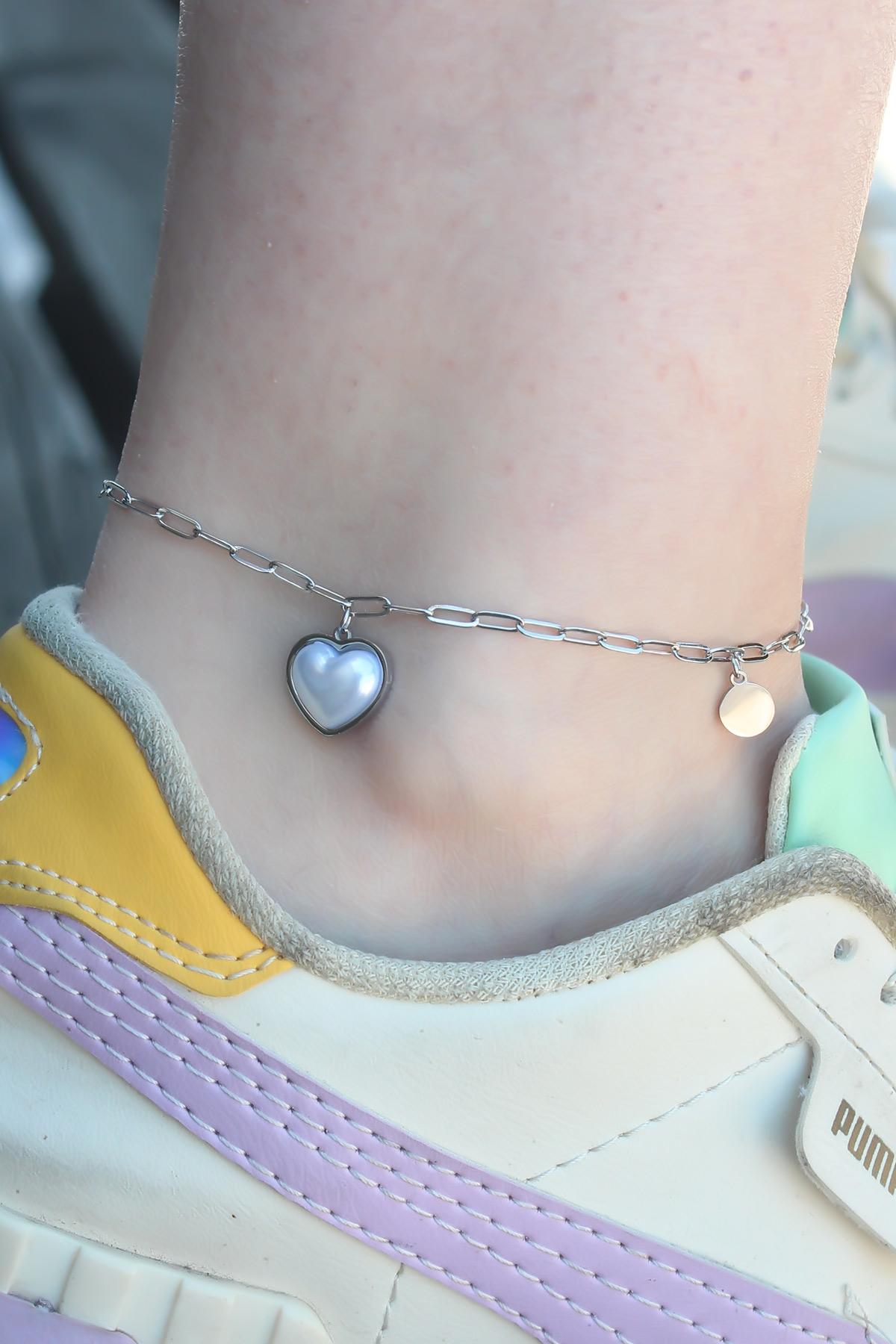 Çelik Gümüş Renk Kalp Model Kadın Halhal