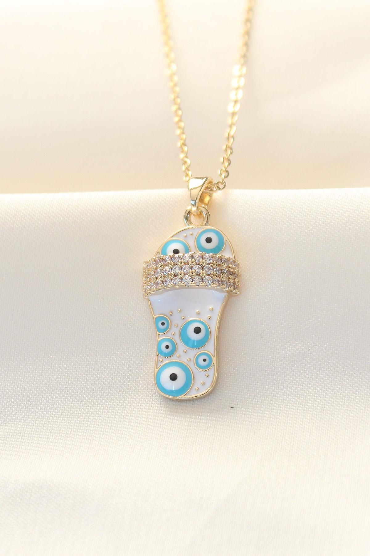 Zinciri Çelik Zirkon Taşlı Gold Renk Nazar Boncuklu Terlik Kolye