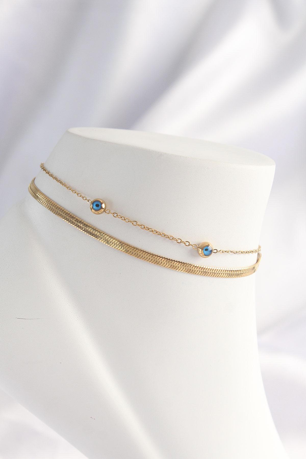 Çelik Gold Renk Nazar Boncuk Tasarımlı 2li Halhal