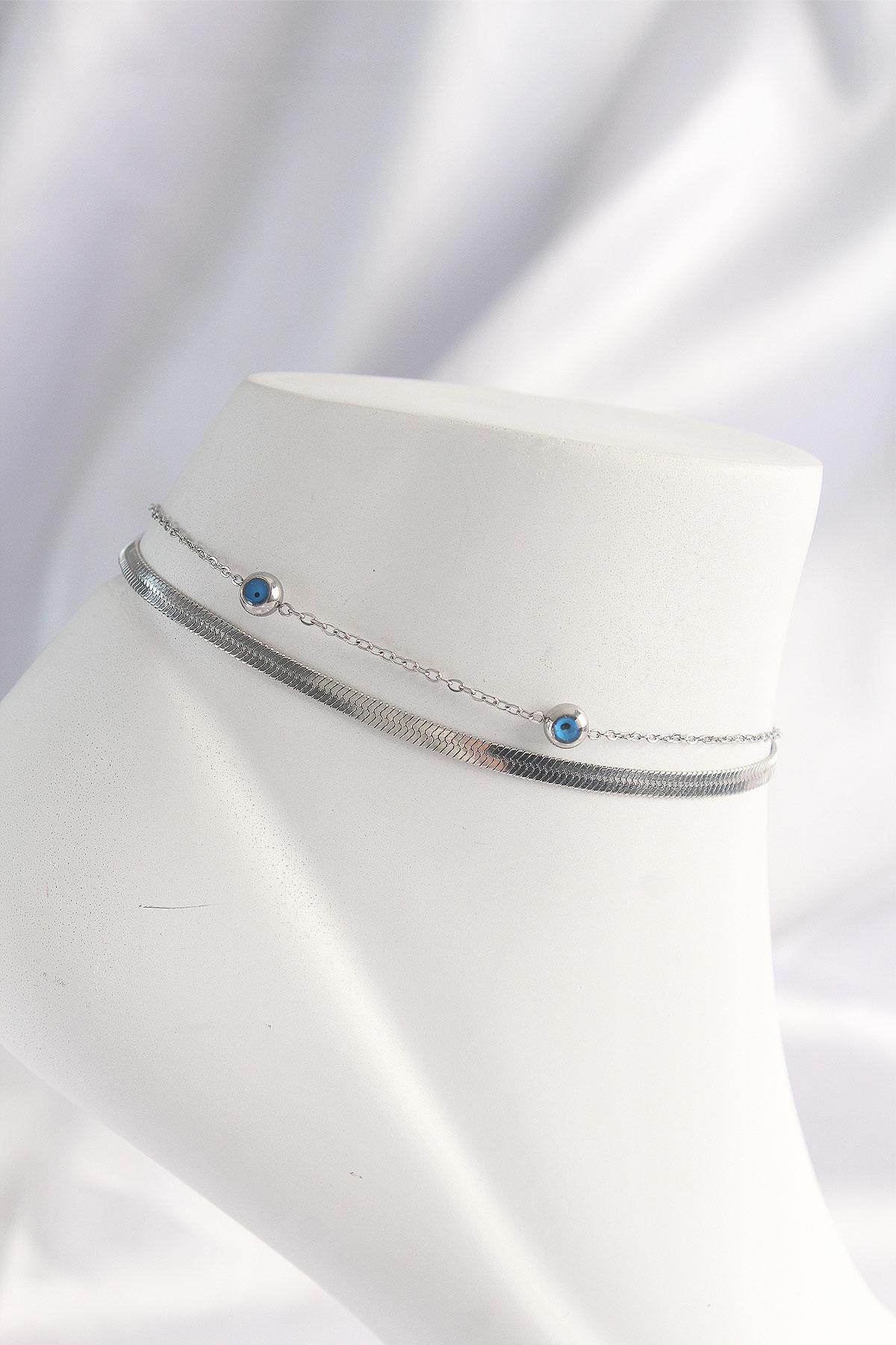 Çelik Gümüş Renk Nazar Boncuk Tasarımlı 2li Halhal