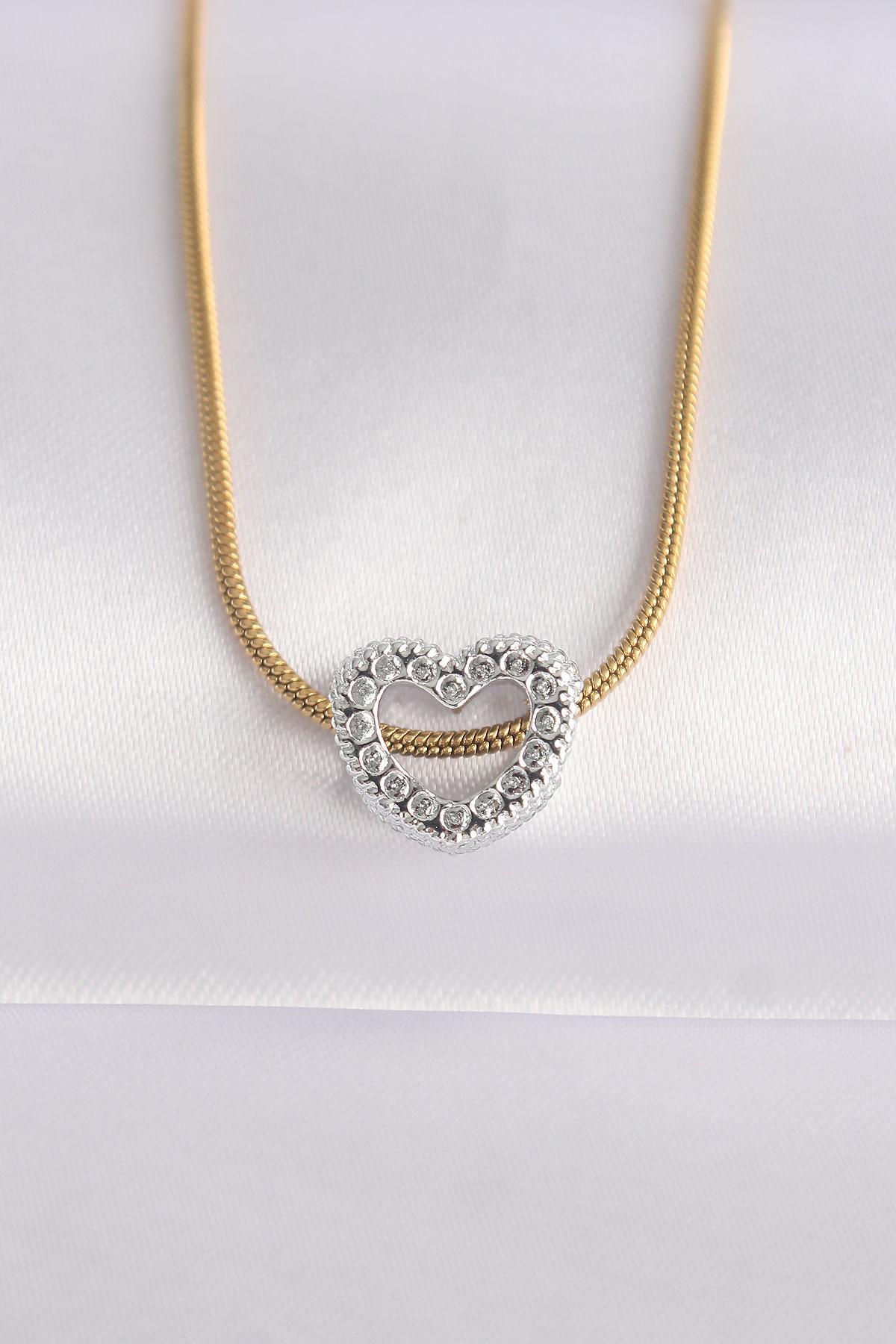 Çelik Zincir Altın Renk Zincirli Gümüş Renk Kalp Tasarımlı Kolye