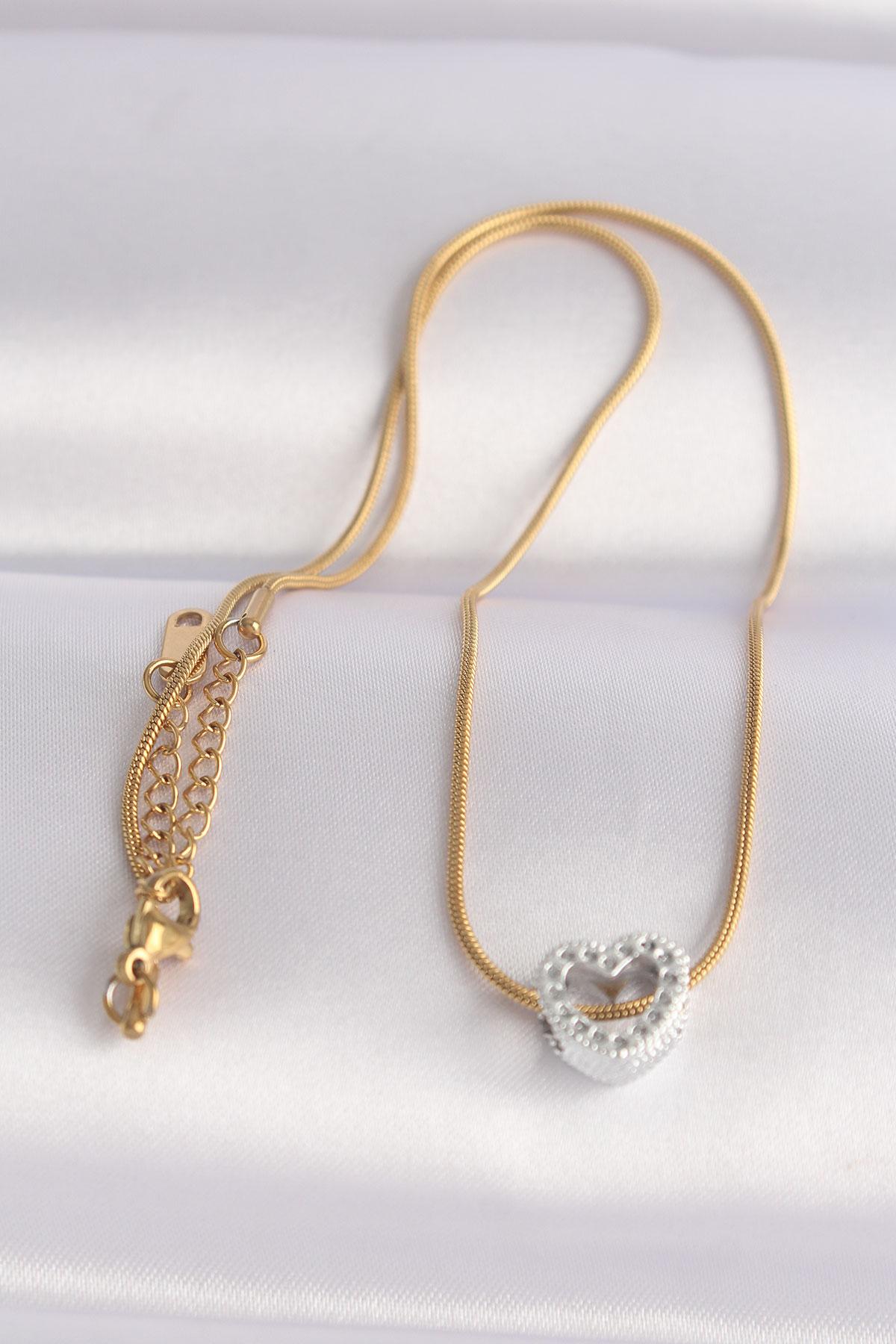 Çelik Zincir Altın Renk Zincirli Gümüş Renk Kalp Tasarımlı Kolye