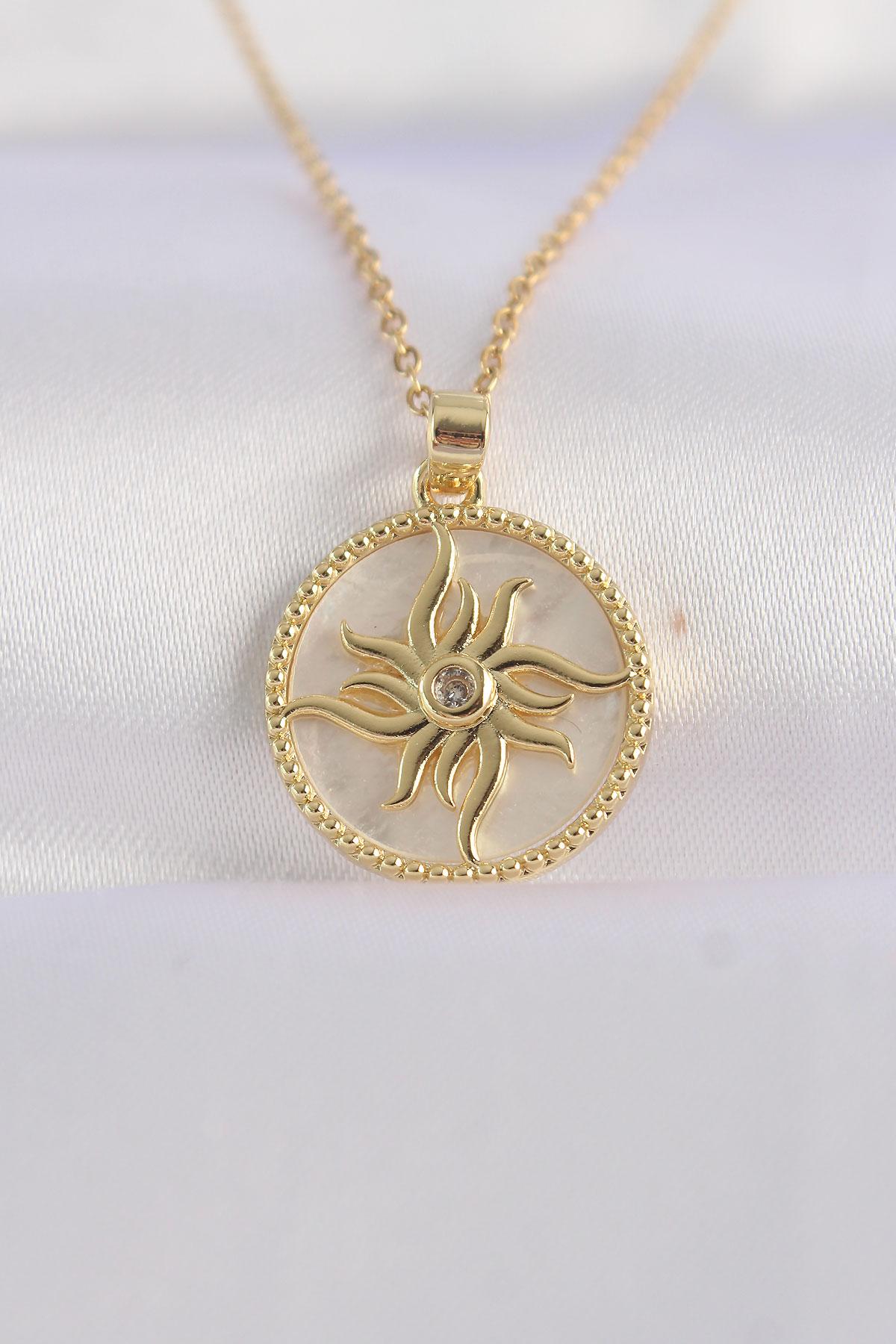 Çelik Zincir Altın Renk Zirkon Taşlı Oval Tasarım Güneş Kolye