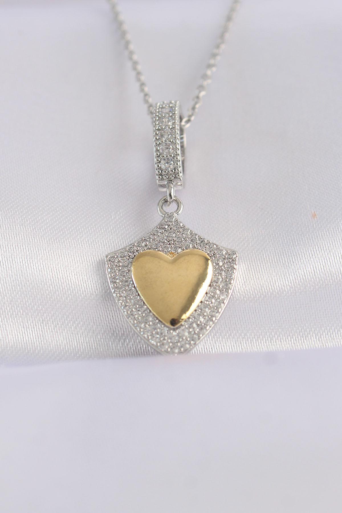 Çelik Zincir Gümüş Renk Zirkon Taşlı Tasarım Altın Renk Kalp Kolye