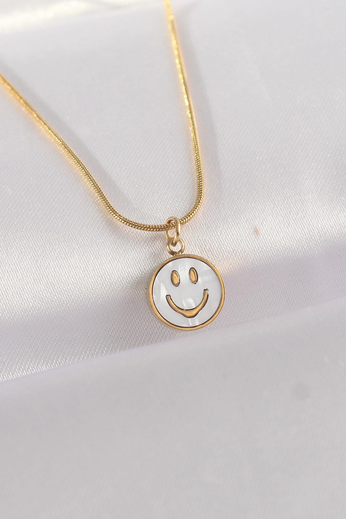 Çelik Zincir Altın Renk Mermer Desenli Minimal Smile Kolye