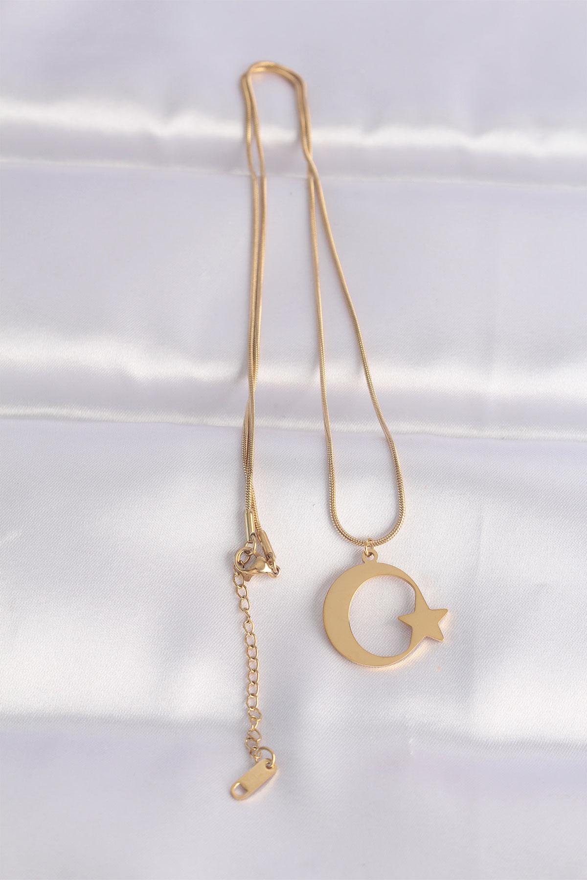 Çelik Zincir Gold Renk Ay Yıldız Unisex Kolye