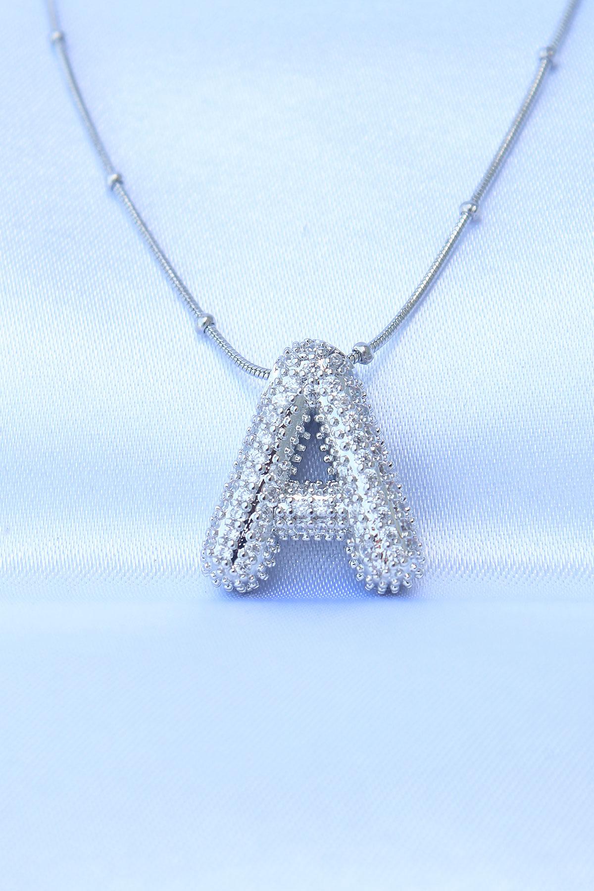 Çelik Zincirli Zirkon Taşlı A Harfli Gümüş Renk Bubble Kolye