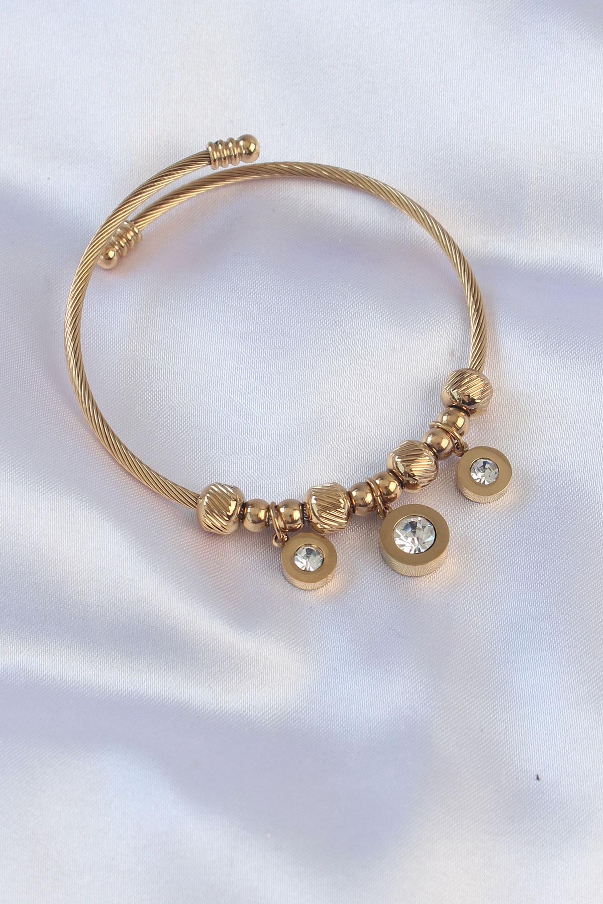 Çelik Gold Renk Zirkon Taşlı Cartier Model Charm Bileklik