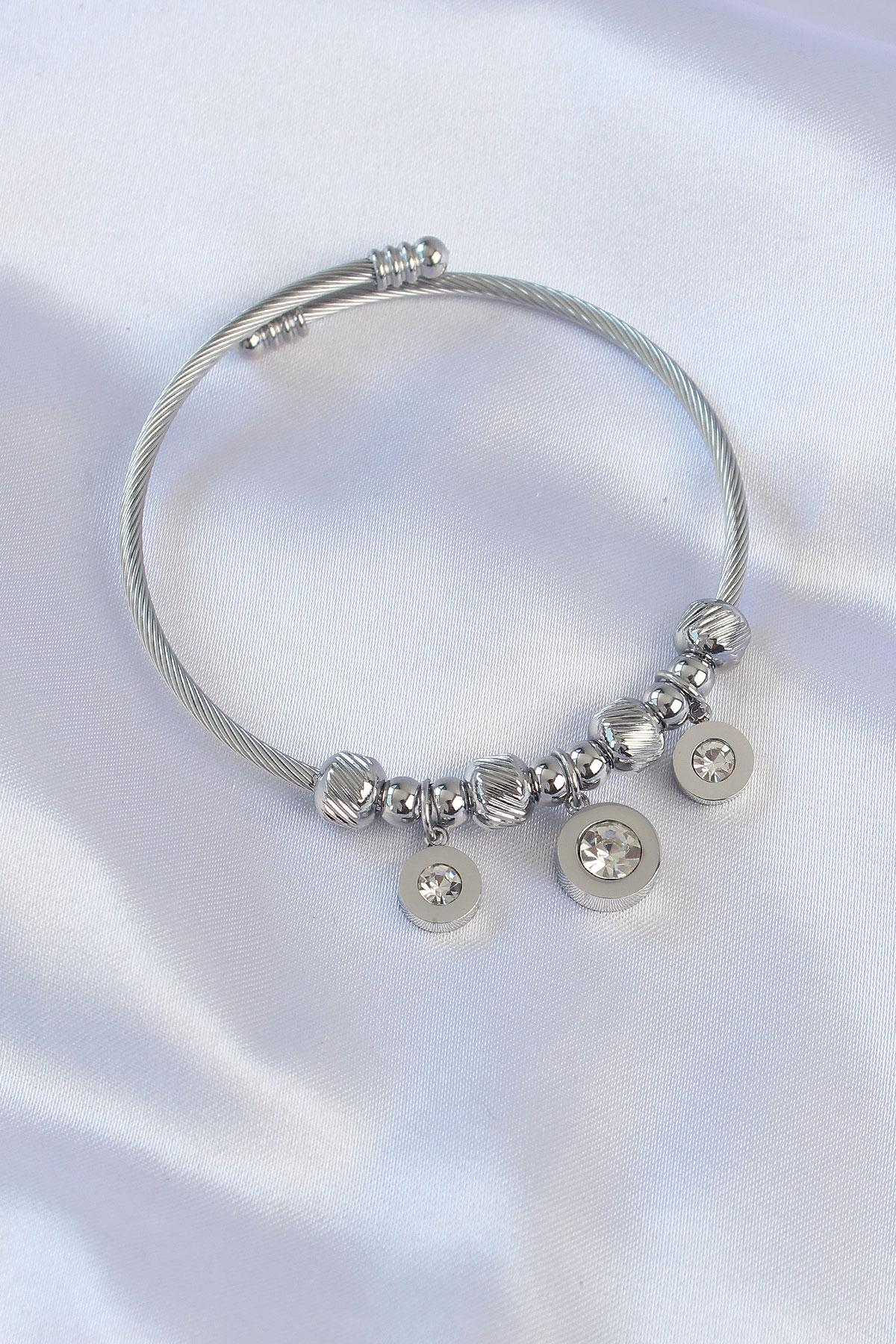 Çelik Gümüş Renk Zirkon Taşlı Cartier Model Charm Bileklik