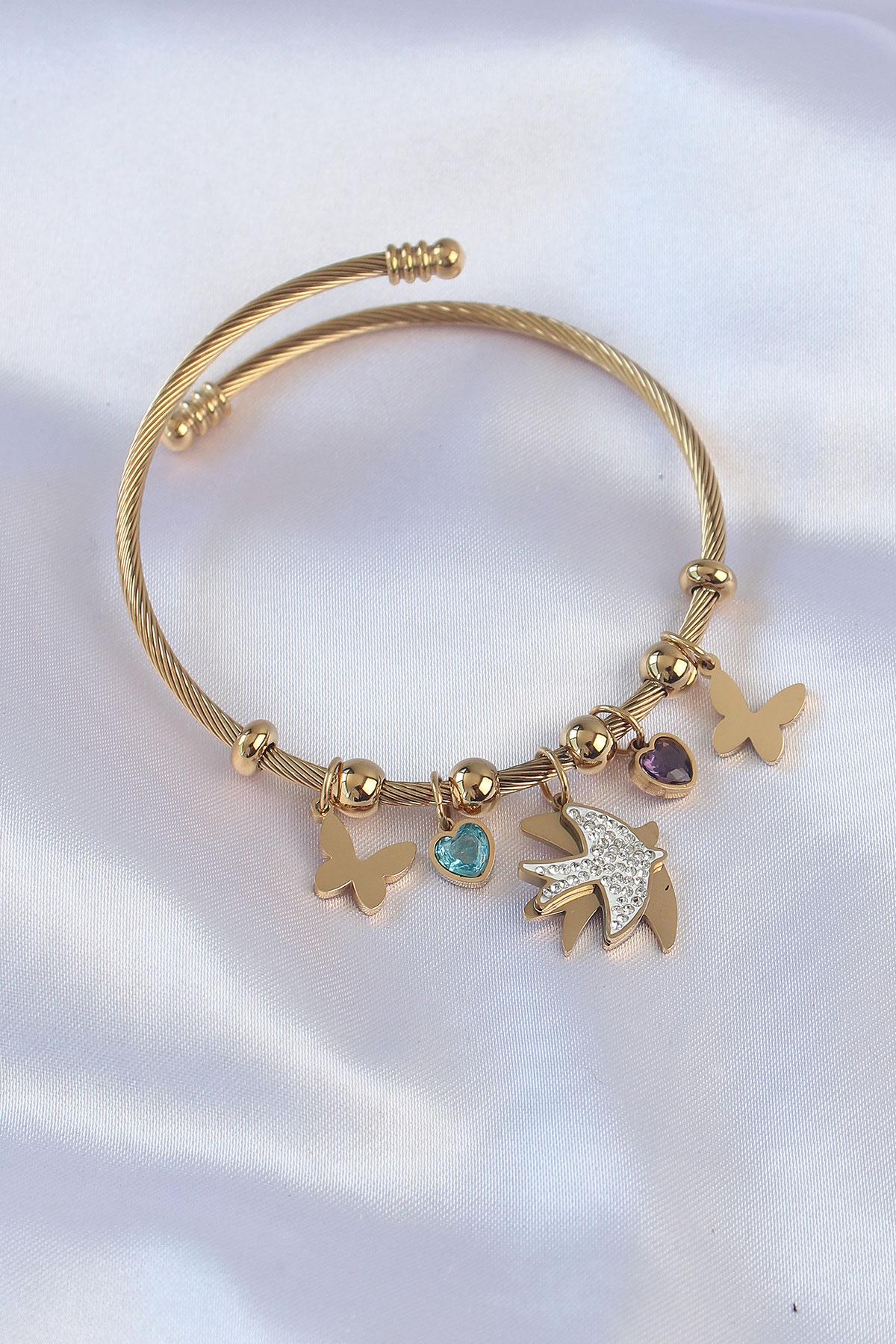 Çelik Gold Renk Zirkon Taşlı Minimal Kalp Detay Kelebek Charm Bileklik