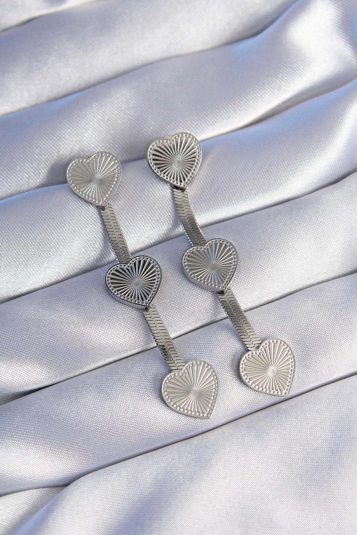 Çelik Gümüş Renk Uzun İtalyan Zincir Detaylı Kalp Küpe