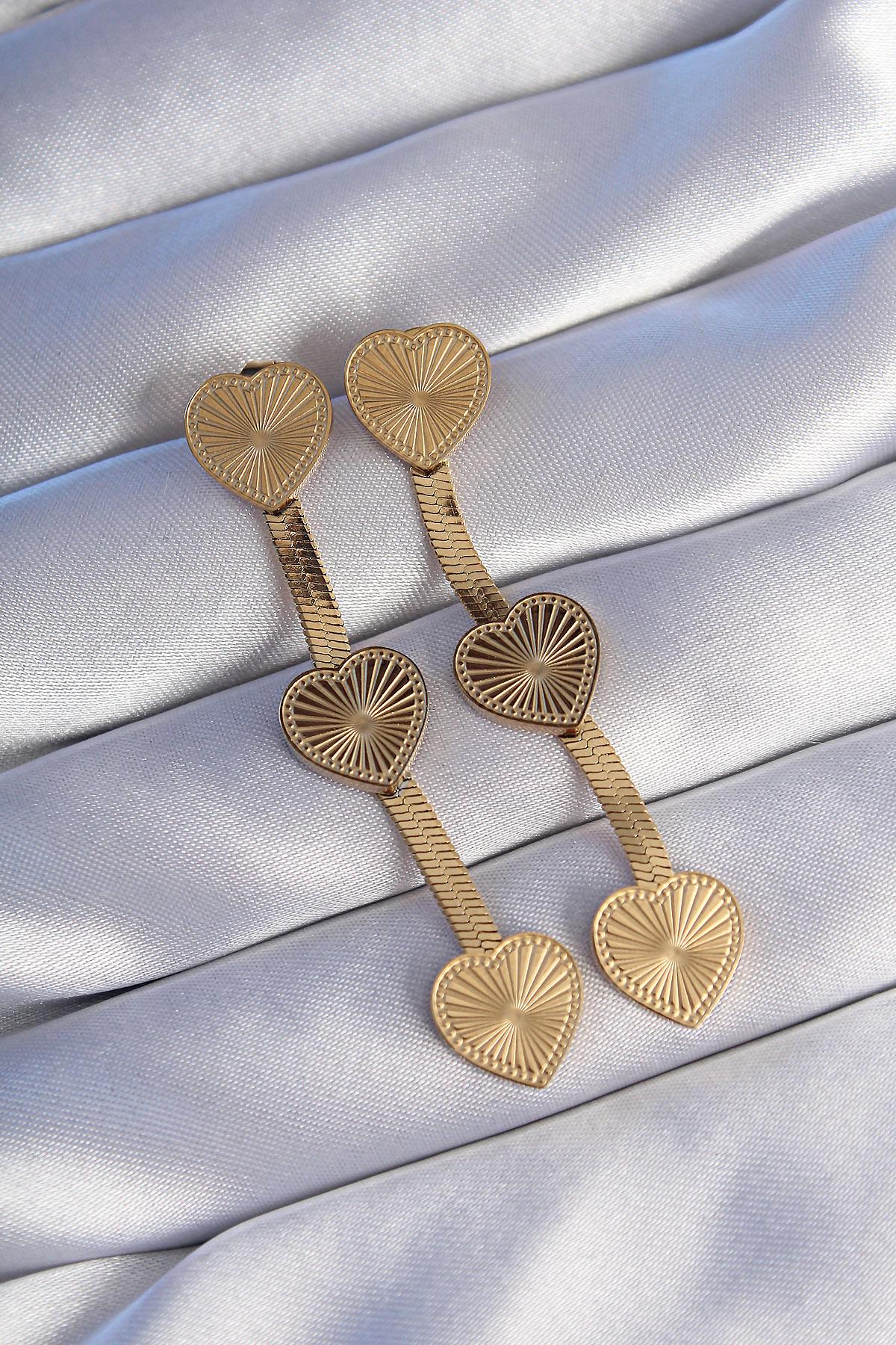 Çelik Gold Renk Uzun İtalyan Zincir Detaylı Kalp Küpe