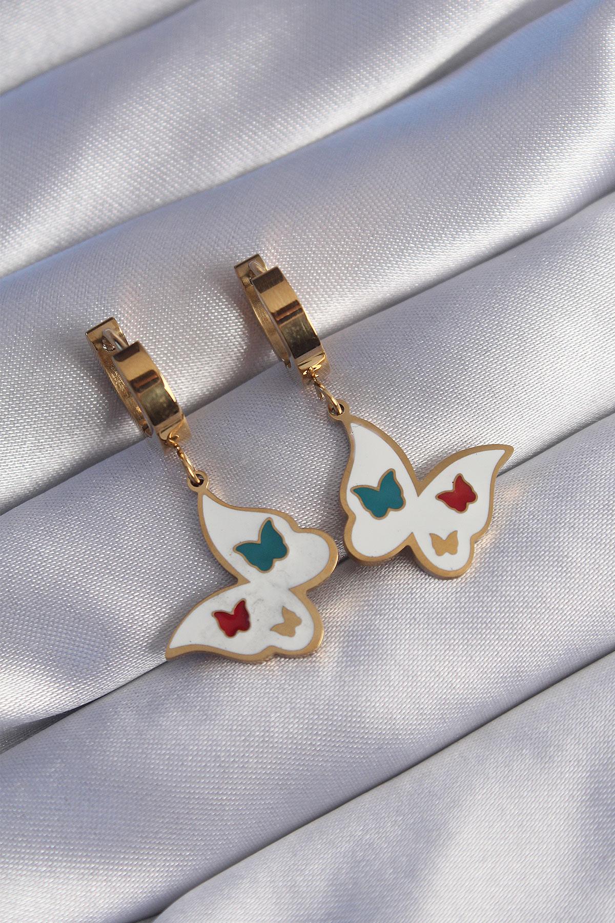 Çelik Gold Renk Renkli Mineli Kelebek Küpe