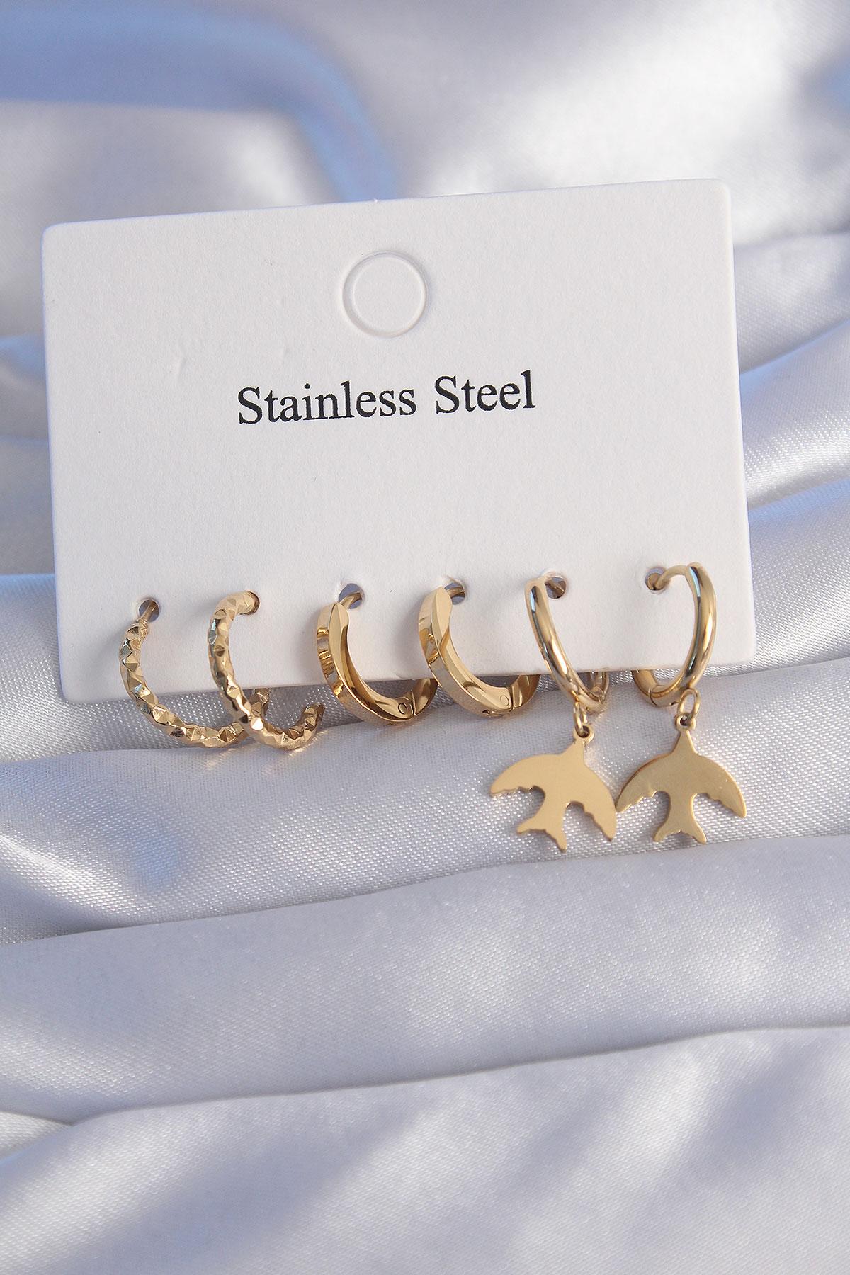 Çelik Gold Renk Oval Tasarım Kuş Model Küpe Seti