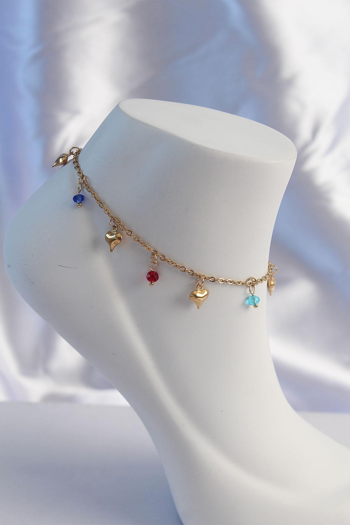 Çelik Gold Renk Minimal Kalp Model Renkli Zirkon Taşlı Halhal