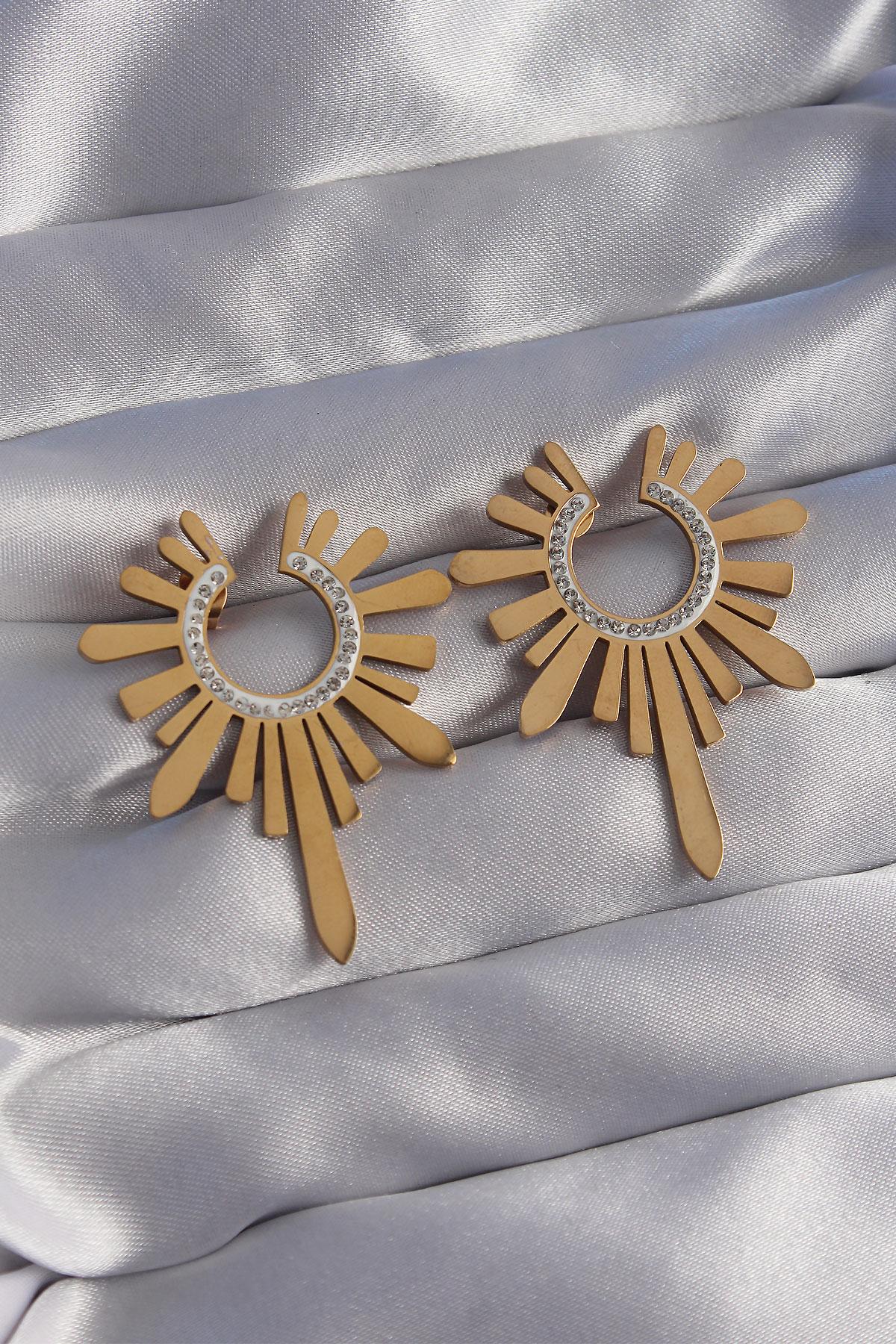 Çelik Gold Renk Zirkon Taşlı Güneş Figürlü Küpe