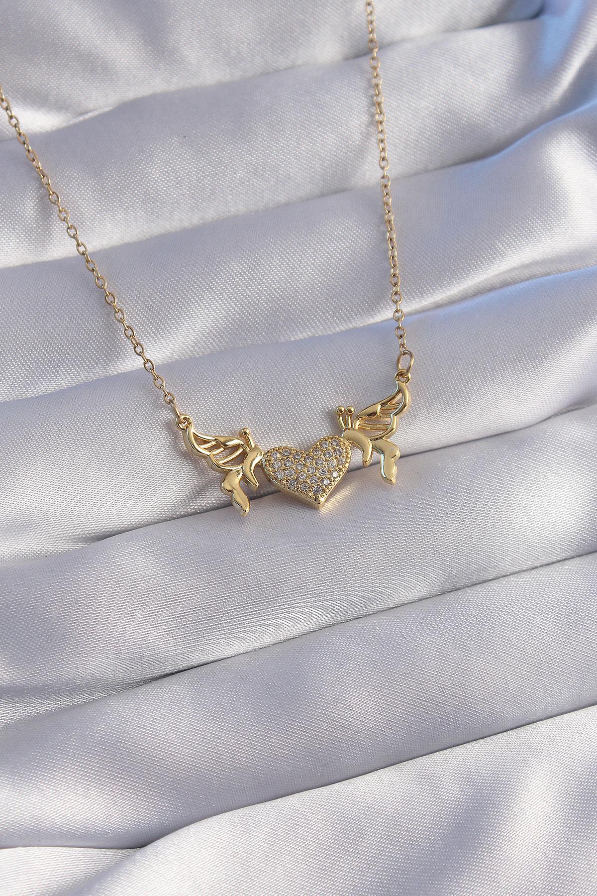 Çelik Zincir Gold Renk Zirkon Taşlı Kalp Model Kelebek Detay Kolye
