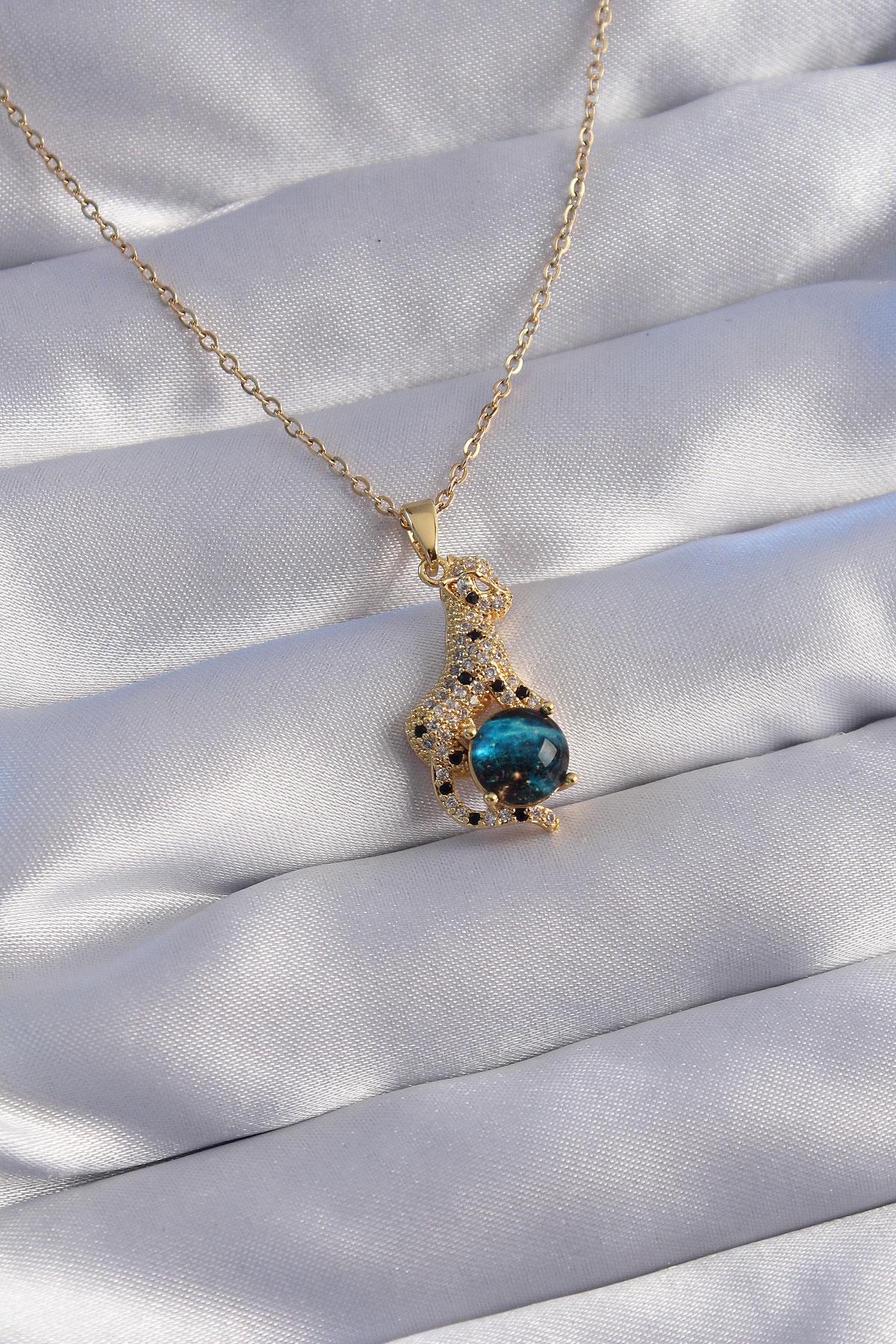 Çelik Zincir Gold Renk Zirkon Taşlı Panter Figürlü Gezegen Kolye