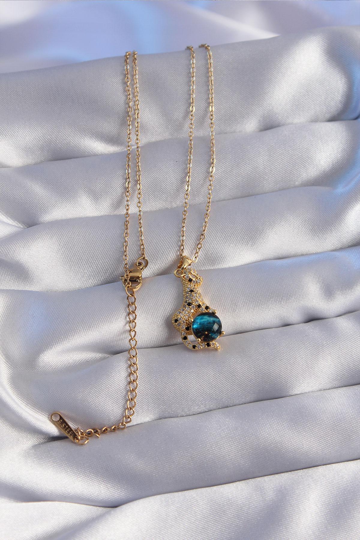 Çelik Zincir Gold Renk Zirkon Taşlı Panter Figürlü Gezegen Kolye