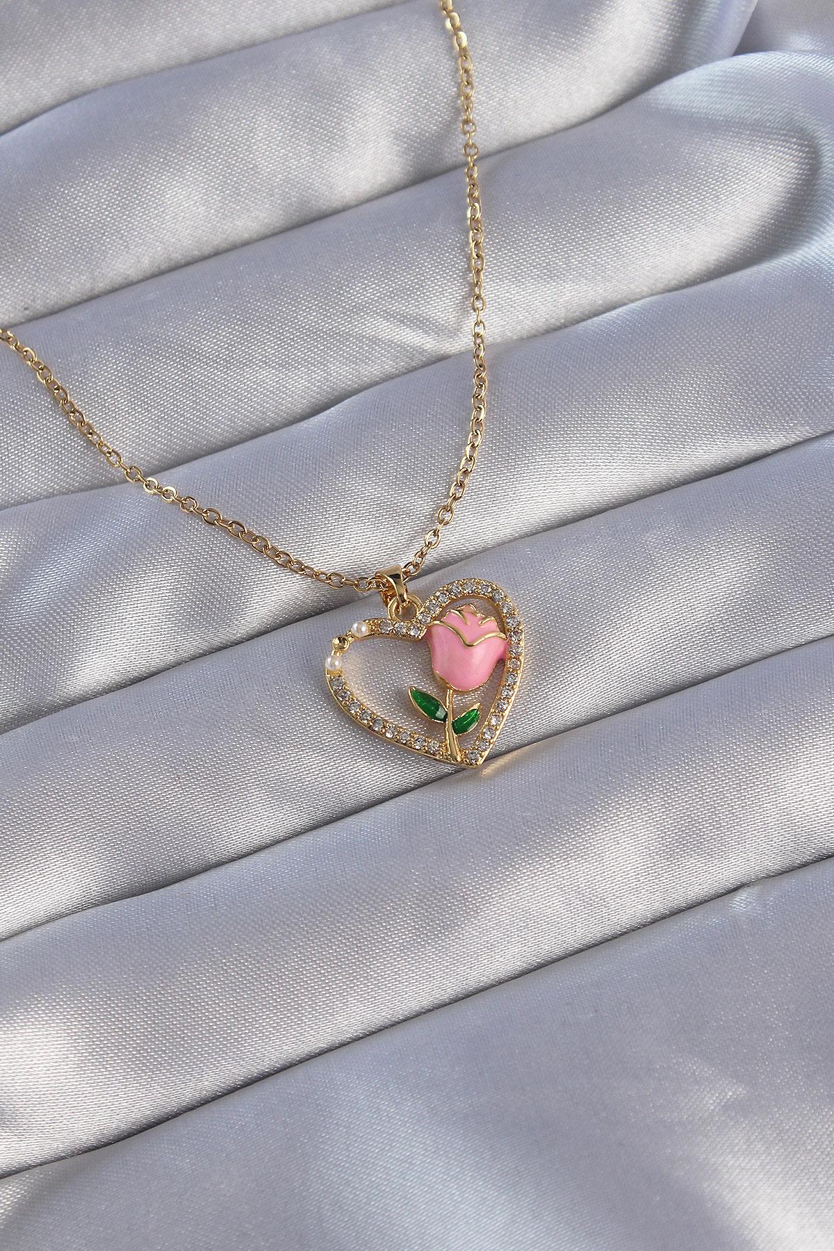 Çelik Zincirli Gold Renk Zirkon Taşlı Kalp İçinde Pembe Gül Tasarımlı Kolye