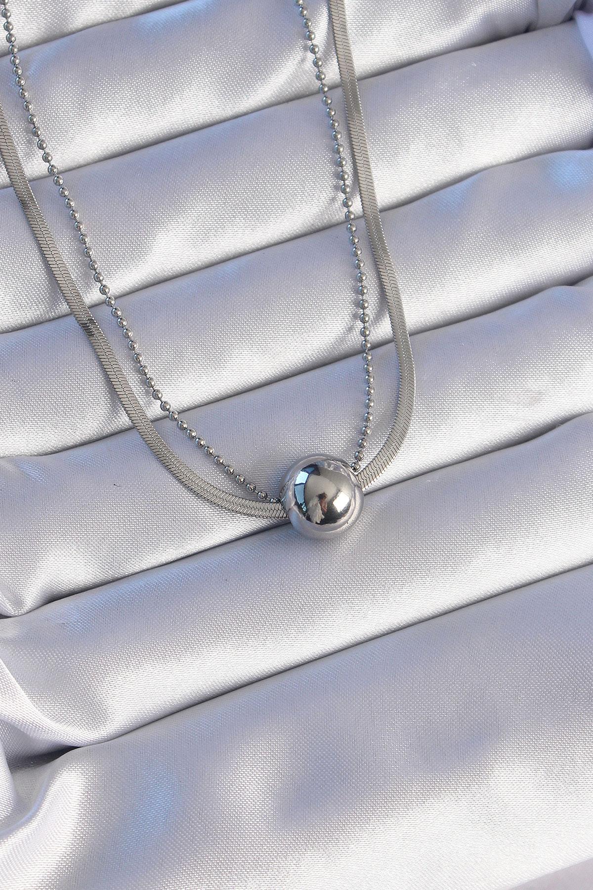 Çelik Çift Zincirli Gümüş Renk Topçuk İtalyan Model Kolye