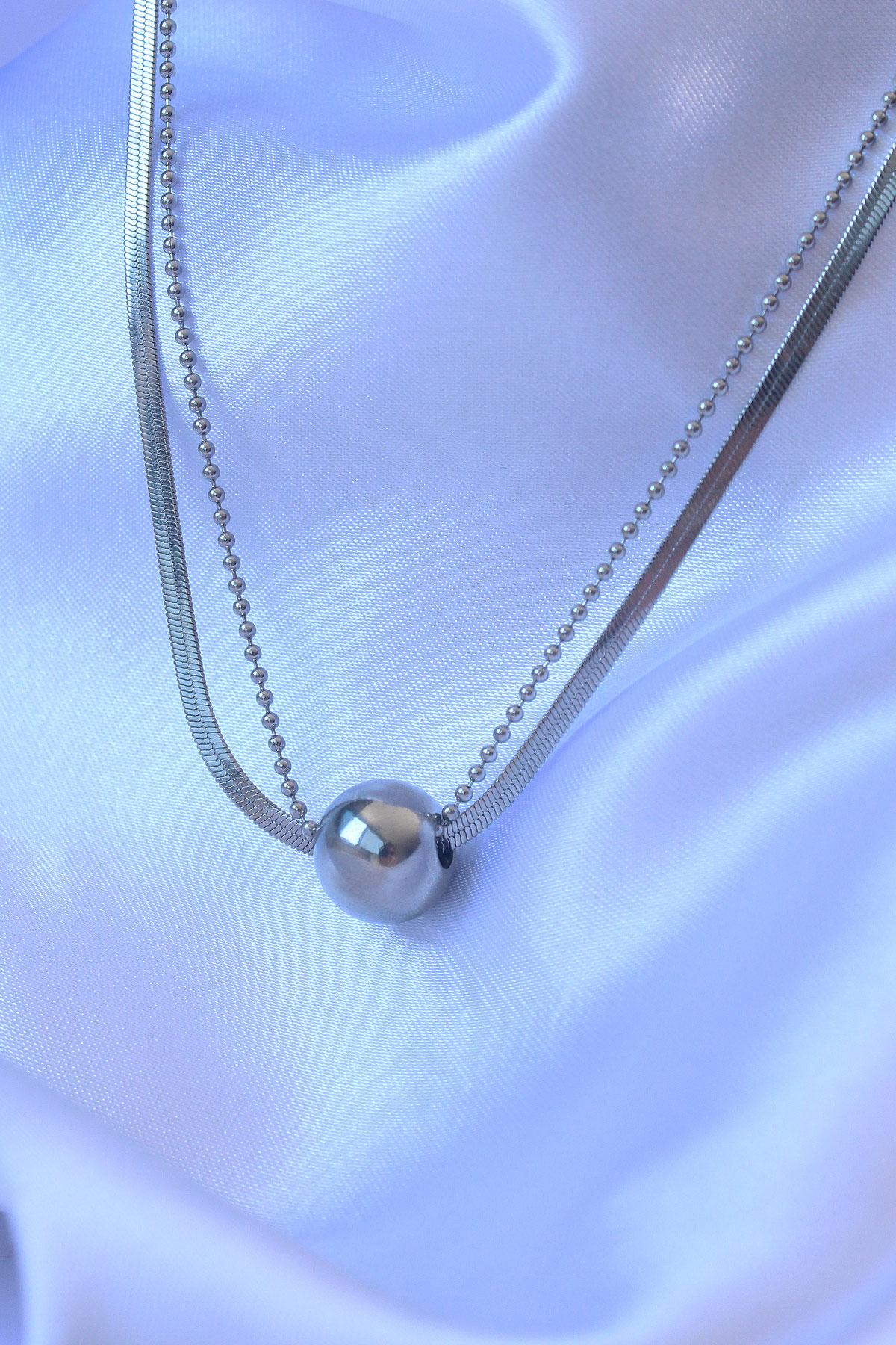 Çelik Çift Zincirli Gümüş Renk Topçuk İtalyan Model Kolye