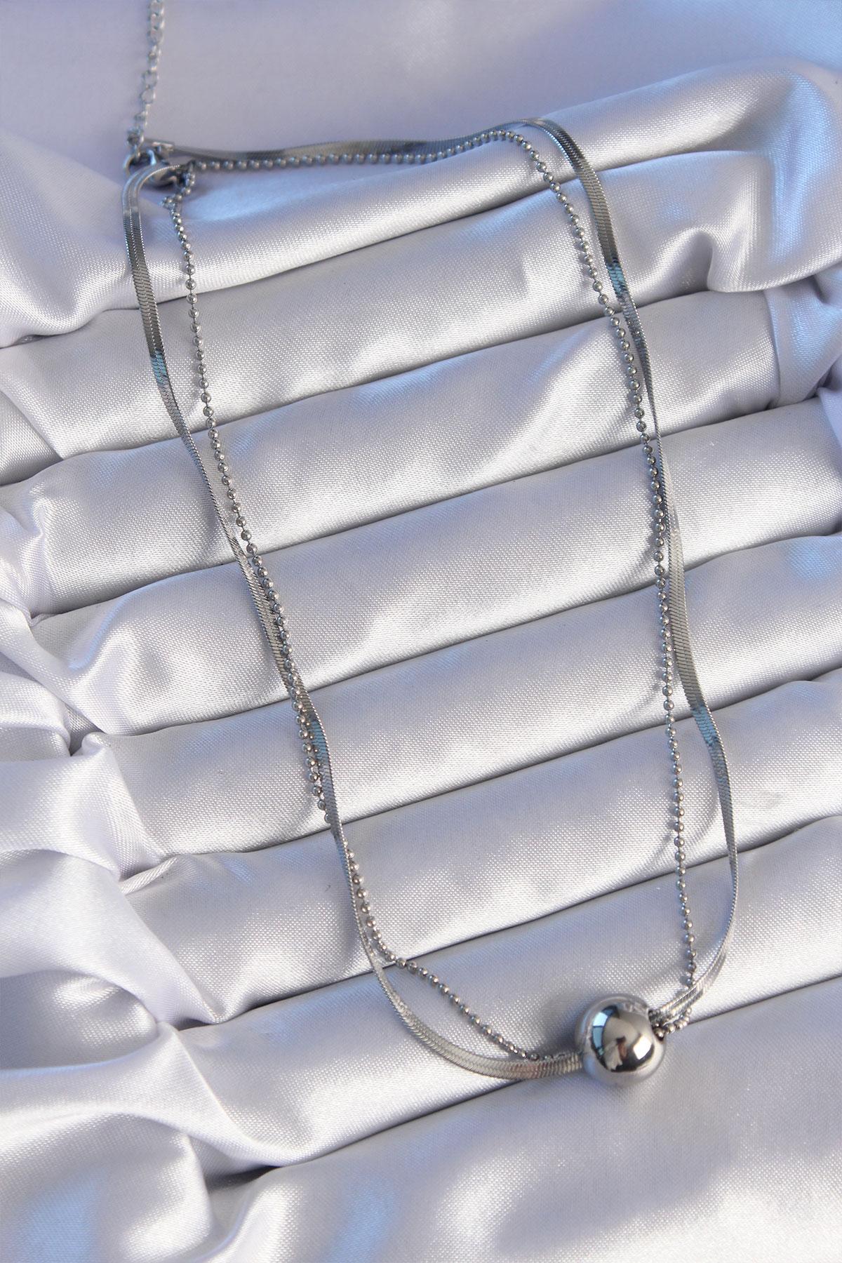 Çelik Çift Zincirli Gümüş Renk Topçuk İtalyan Model Kolye