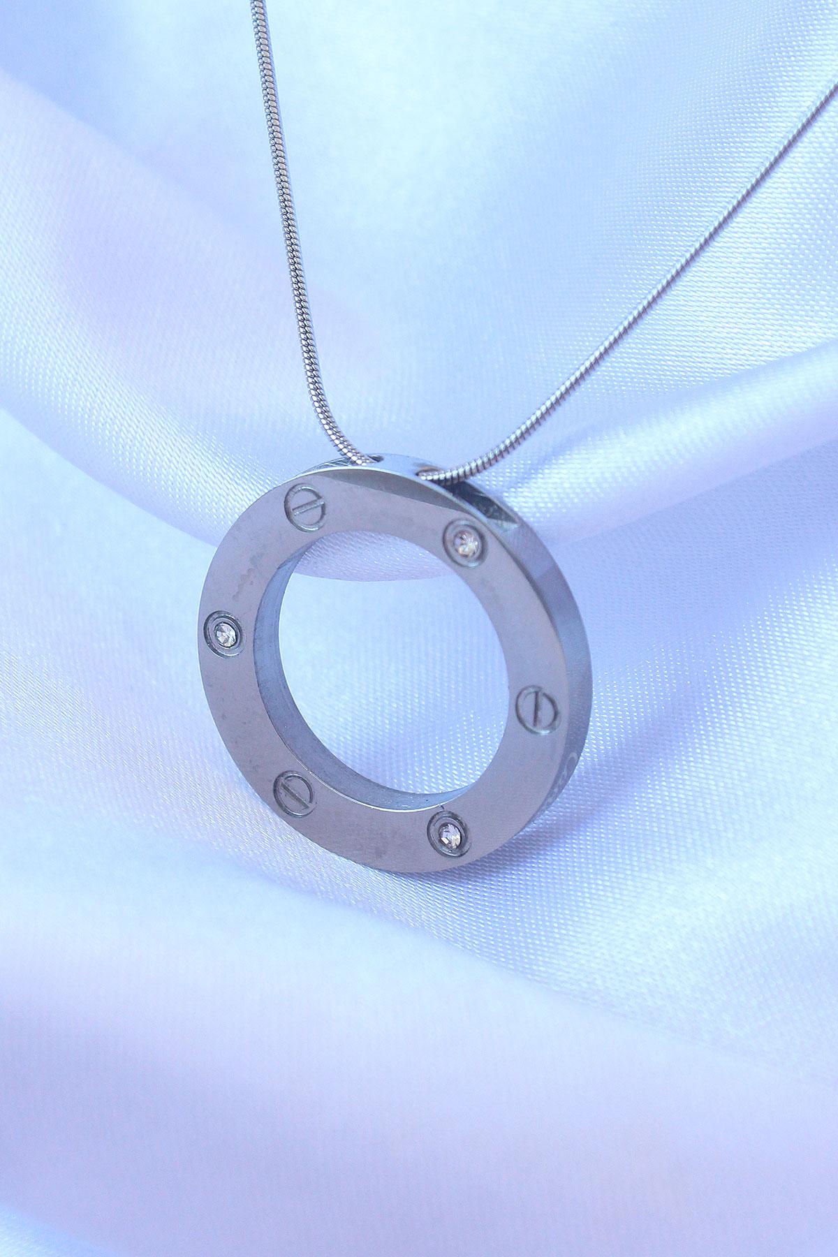 Çelik Gümüş Renk Zirkon Taşlı Cartier Model Kolye